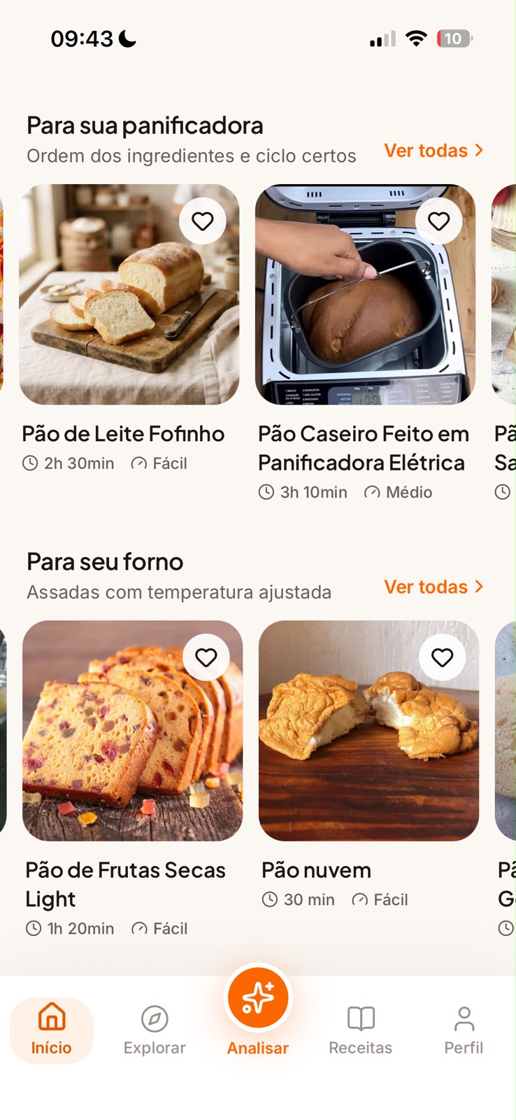 Tela inicial do app Meu Pão com receitas para panificadora e forno