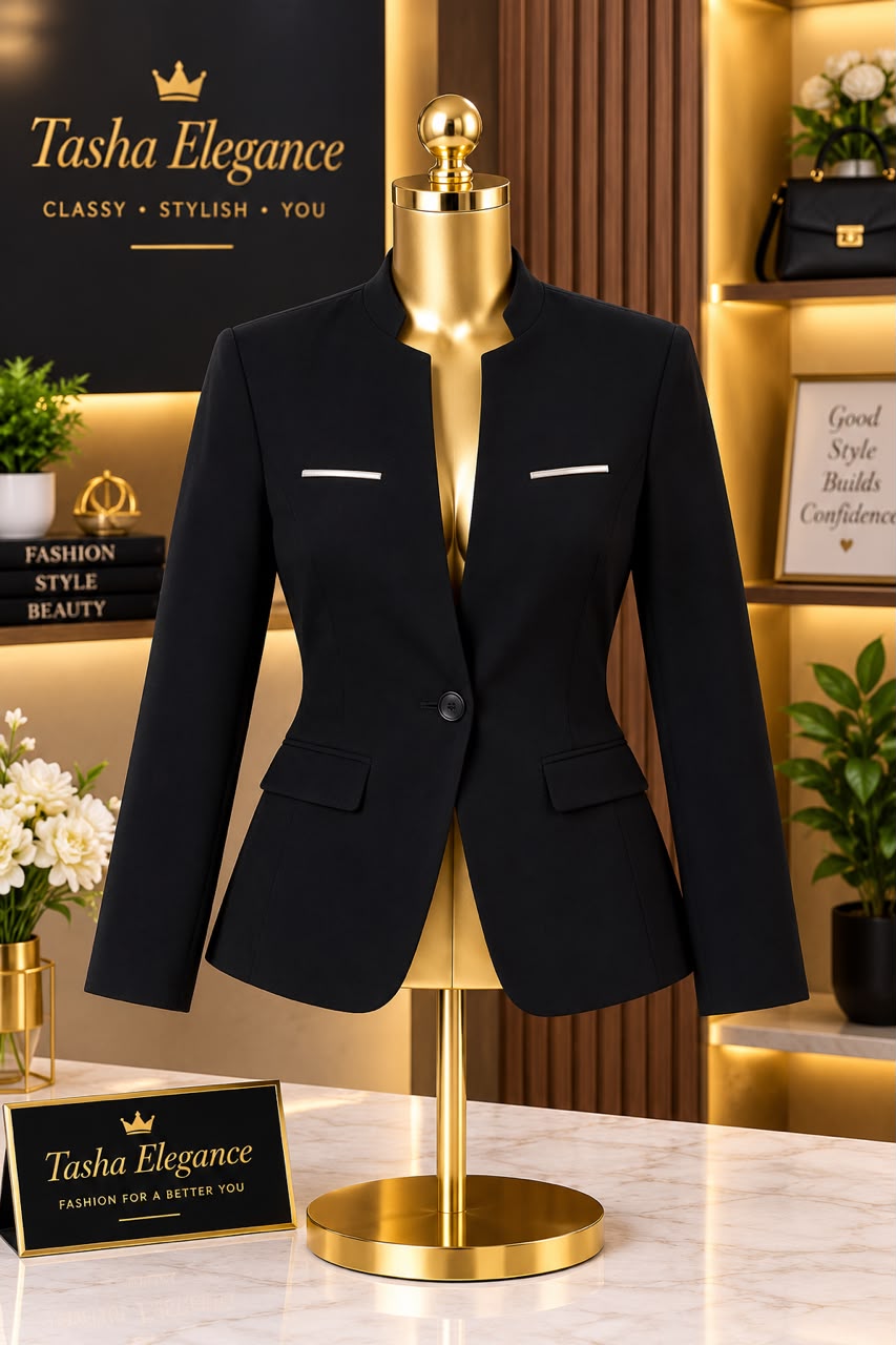 Black tailored blazer displayed on a gold mannequin