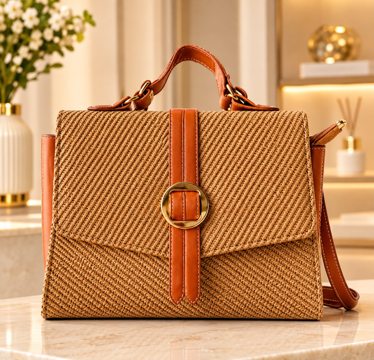 Cognac woven structured handbag with polished gold hardware
