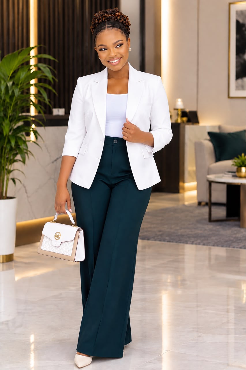 Ivory handbag styled with a crisp white blazer