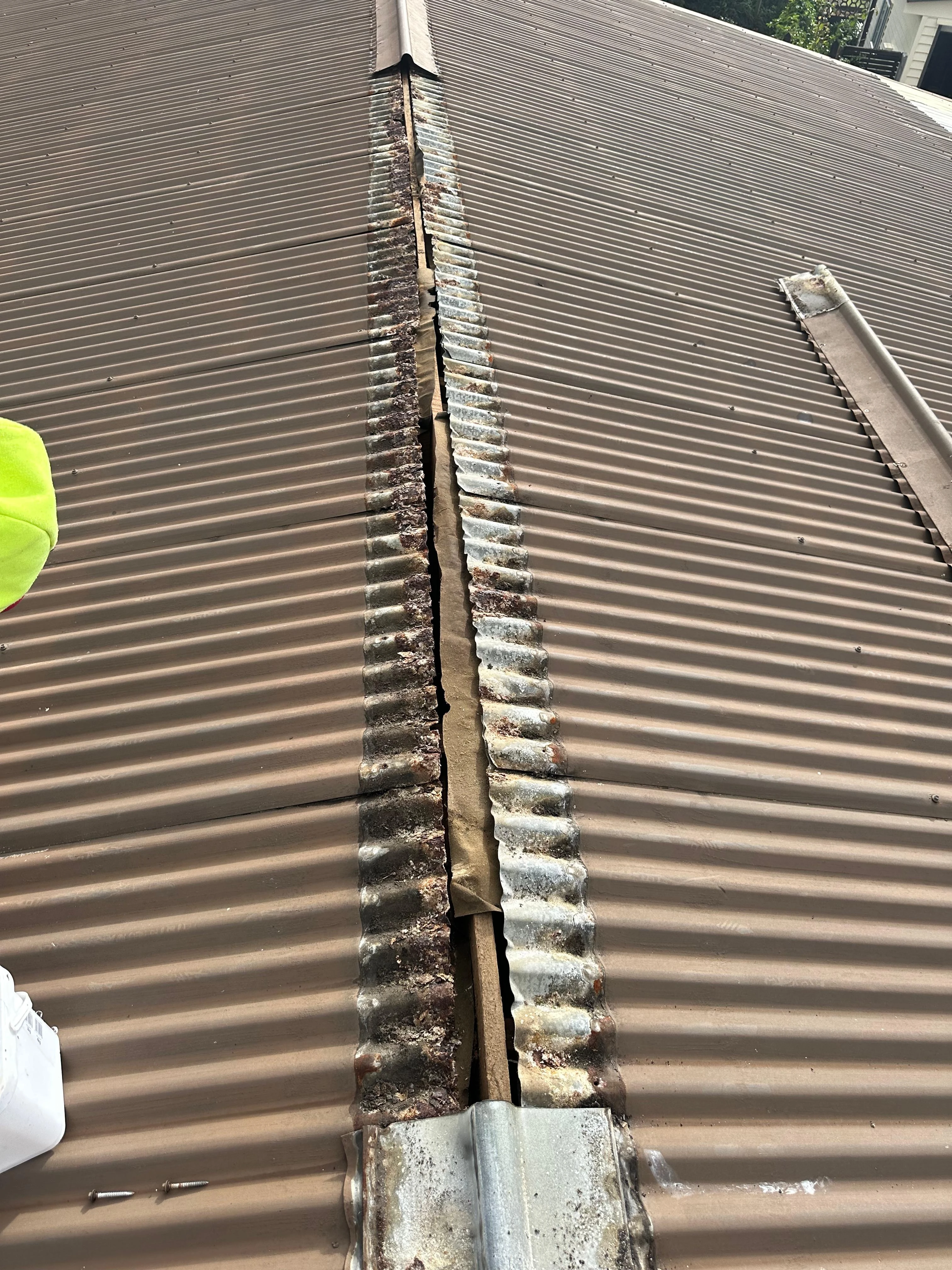 Roof valley showing repair work required
