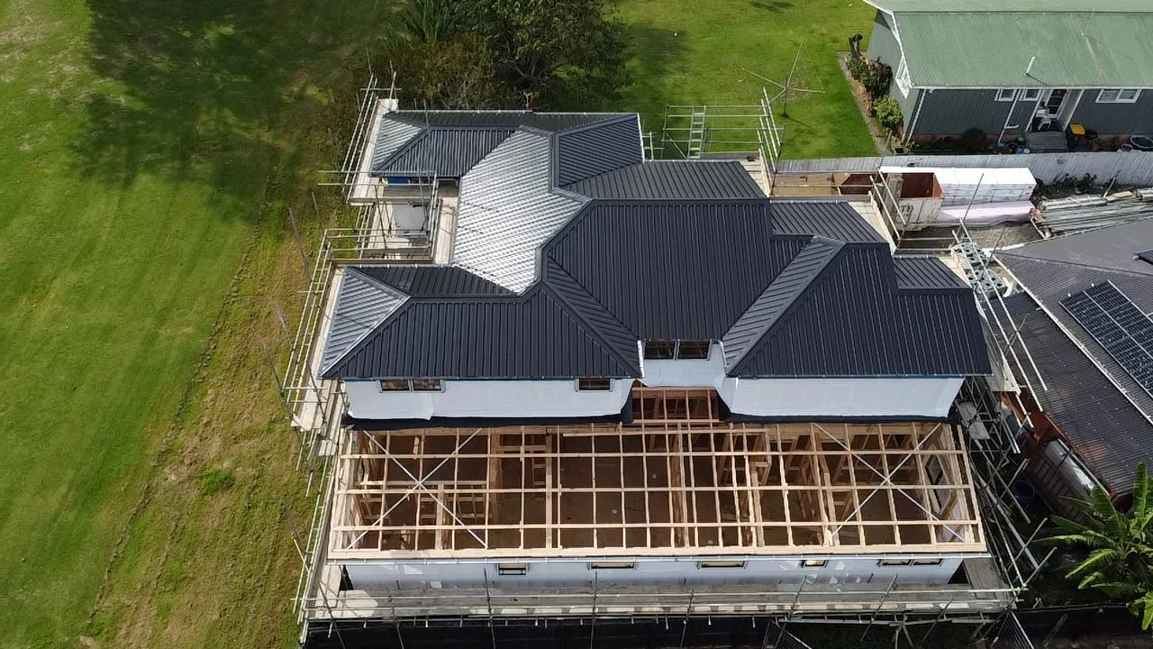 Aerial view of a completed roof on a new build