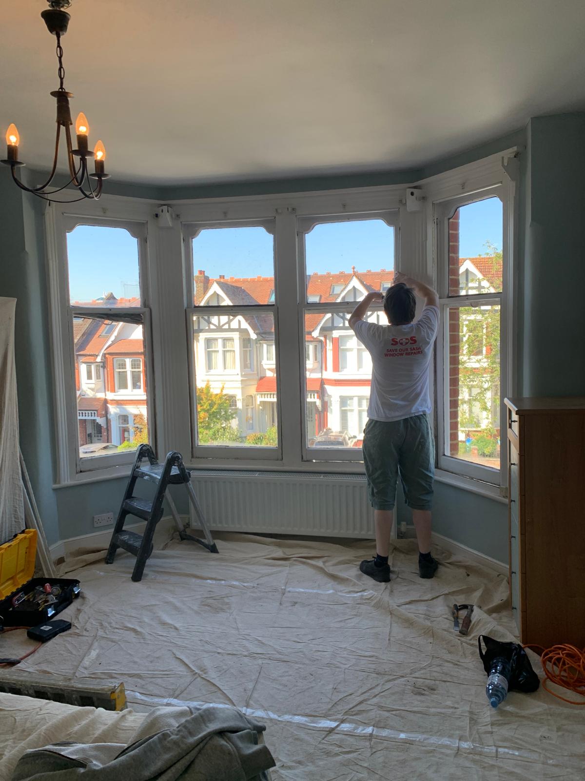 Sash window maintenance work in progress