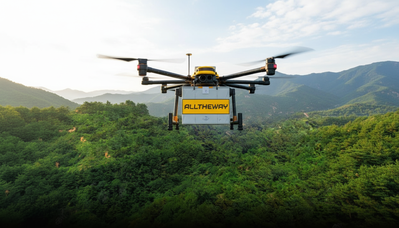 ALLTHEWAY branded drone in mountain landscape