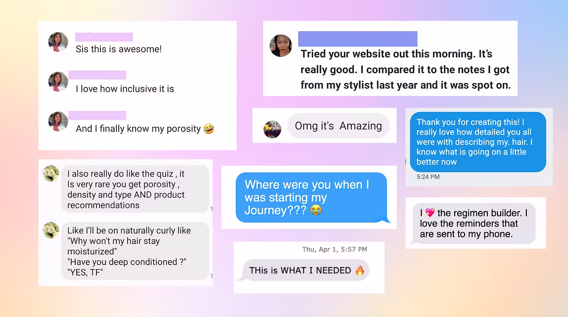 User feedback collage showing testimonials like 'So this is awesome!', 'I love how intuitive it is', 'Omg it's Amazing', and messages comparing it to stylist notes