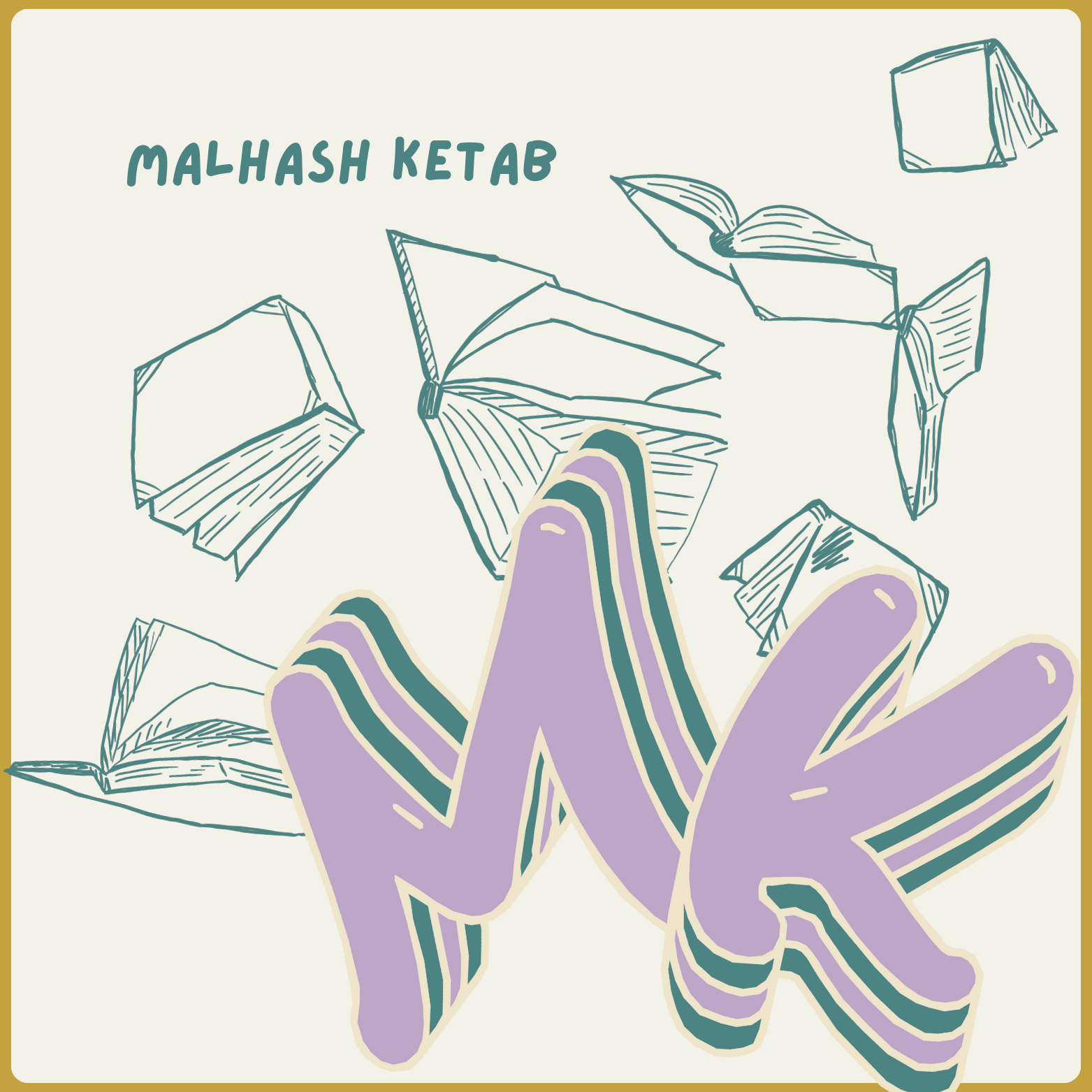 Malhash Ketab brand logo with floating books and MK letters