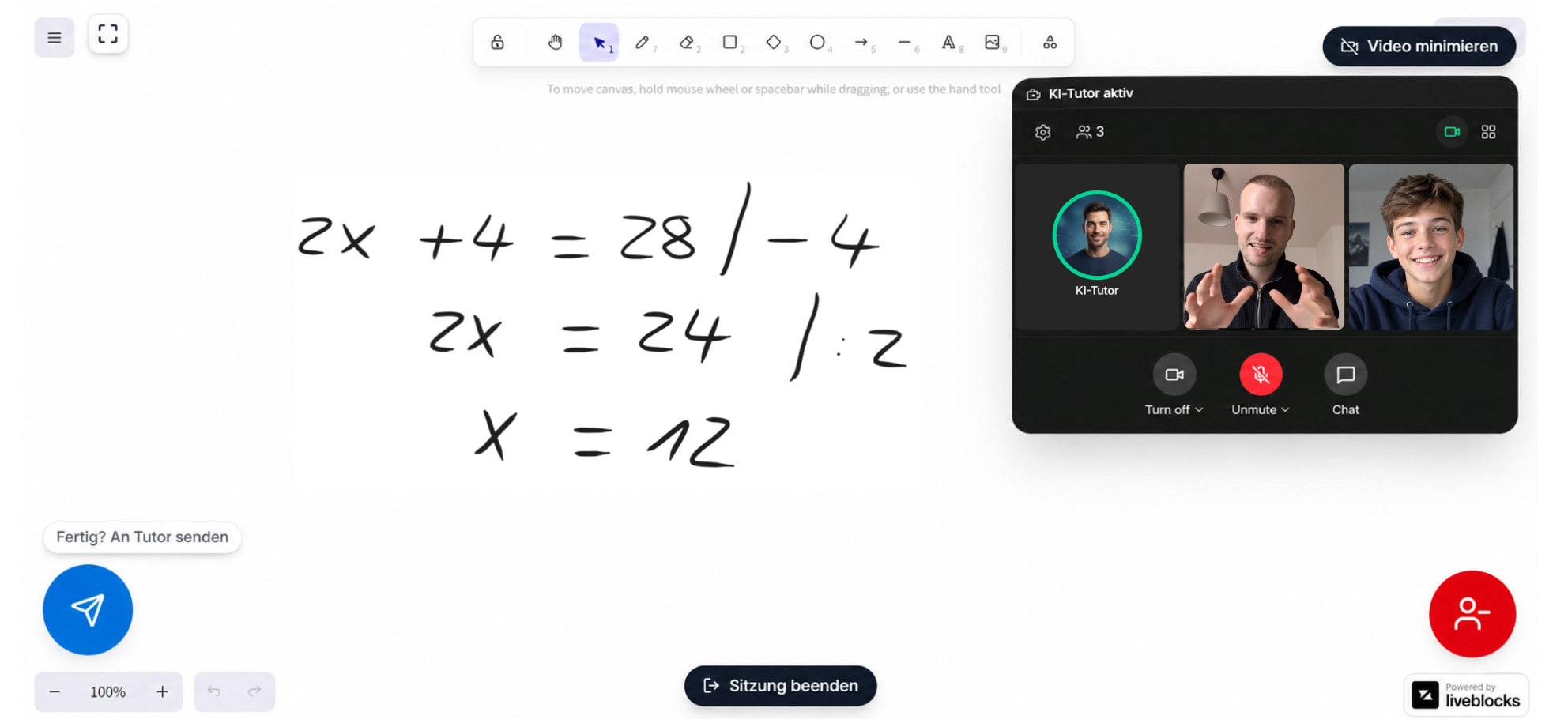 Interaktives digitales Whiteboard mit handschriftlicher Rechnung und Videocall mit KI-Tutor, Tutor und Schüler