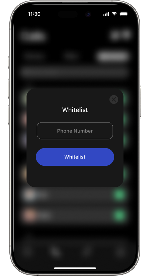 Whitelist popup with a Phone Number input field and a blue Whitelist confirm button