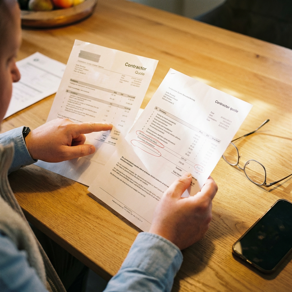 Handwerker hält Contractor Quotes in der Hand und zeigt auf Positionen