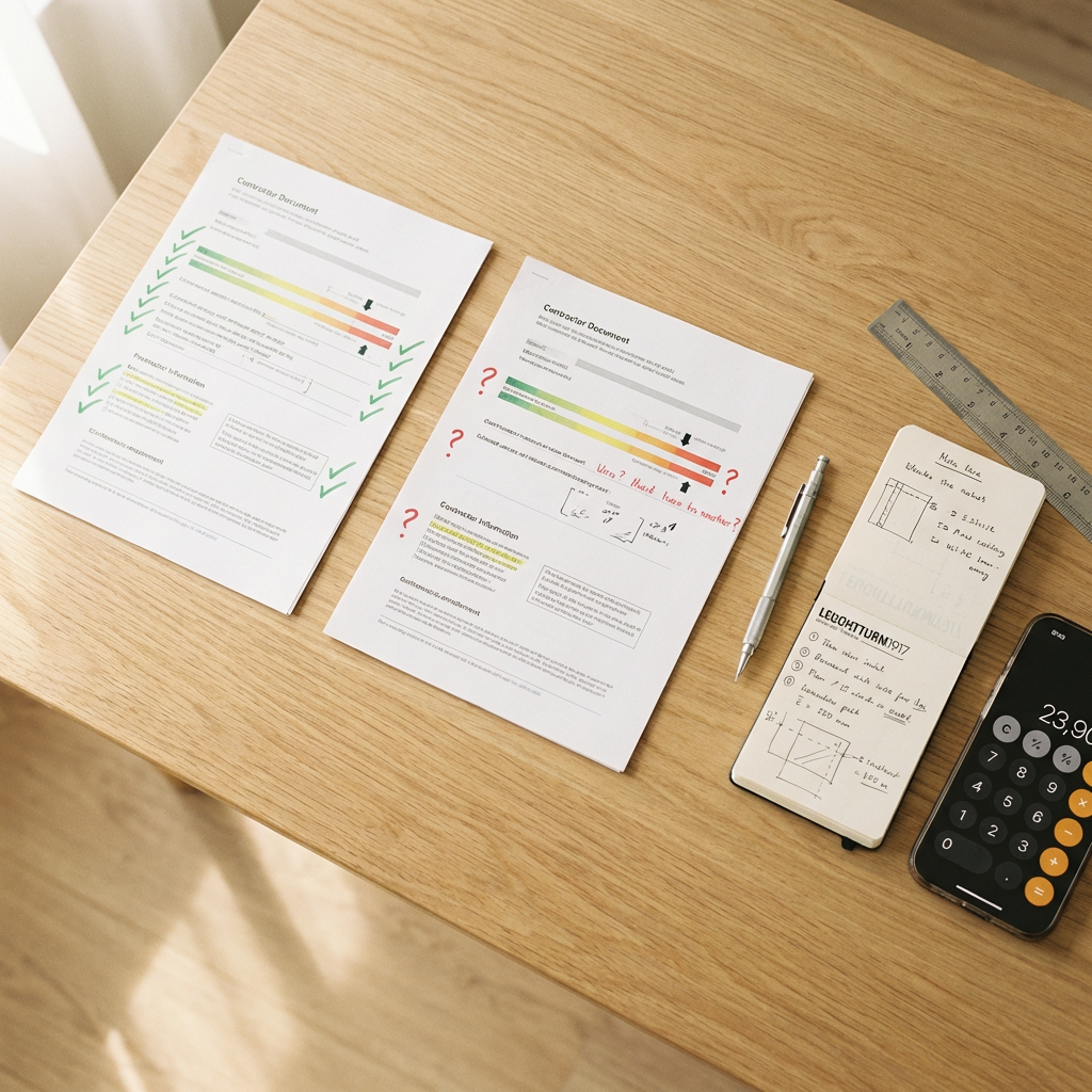 Aufgeräumter Schreibtisch mit Dokumenten, Notizbuch und Taschenrechner