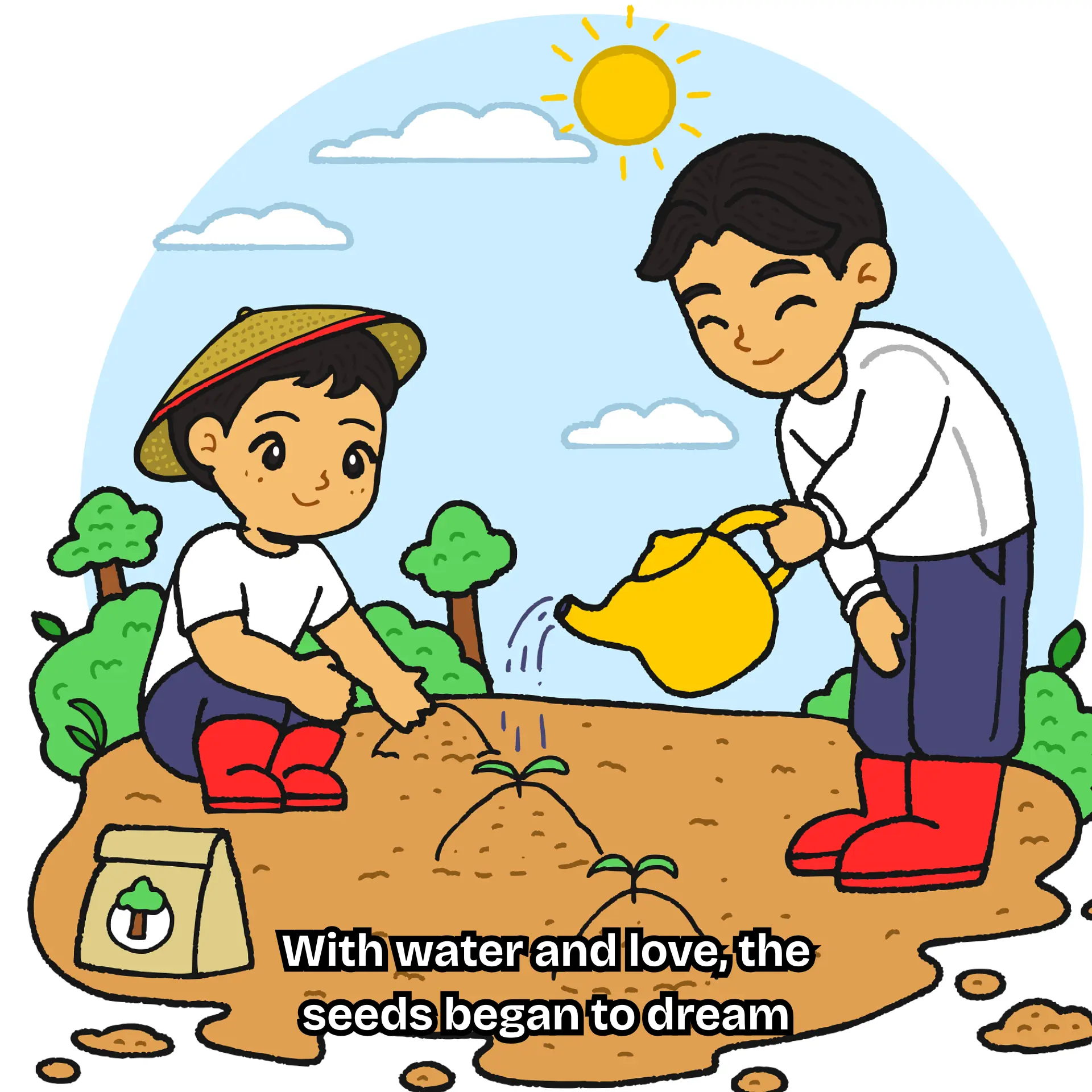 Children's book spread — kids gardening with text overlay