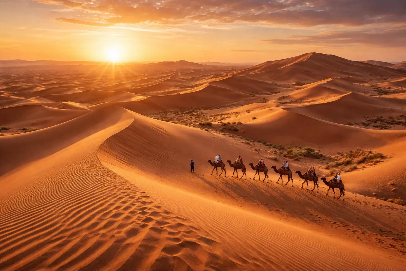 Camel caravan crossing the Erg Chebbi dunes at sunset