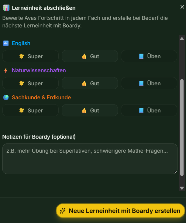 Dialog „Lerneinheit abschließen" mit Bewertungs-Buttons Super, Gut und Üben für jedes Fach sowie einem Notizfeld für Boardy