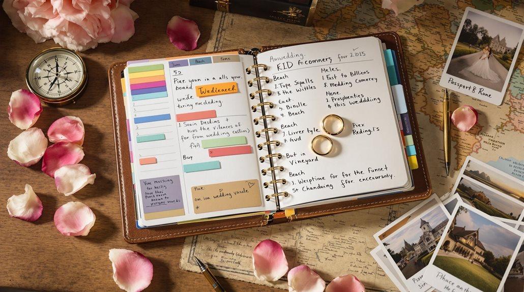 Wedding planning notebook with rose petals and keepsakes