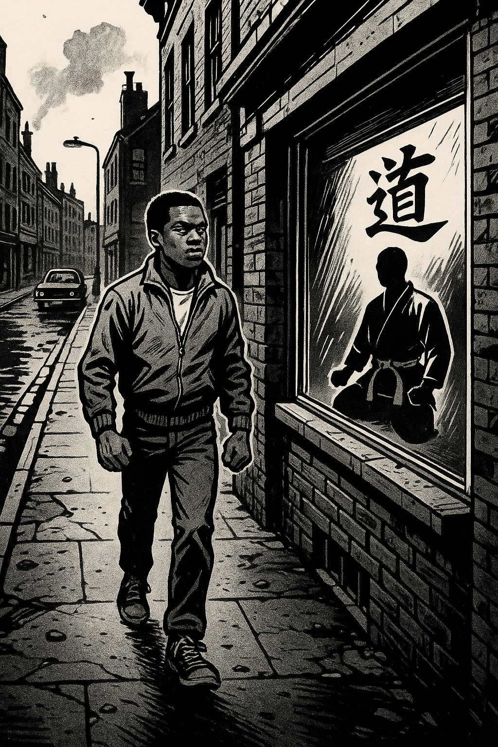 Young Ronnie Green walking past a martial arts shop in Moss Side