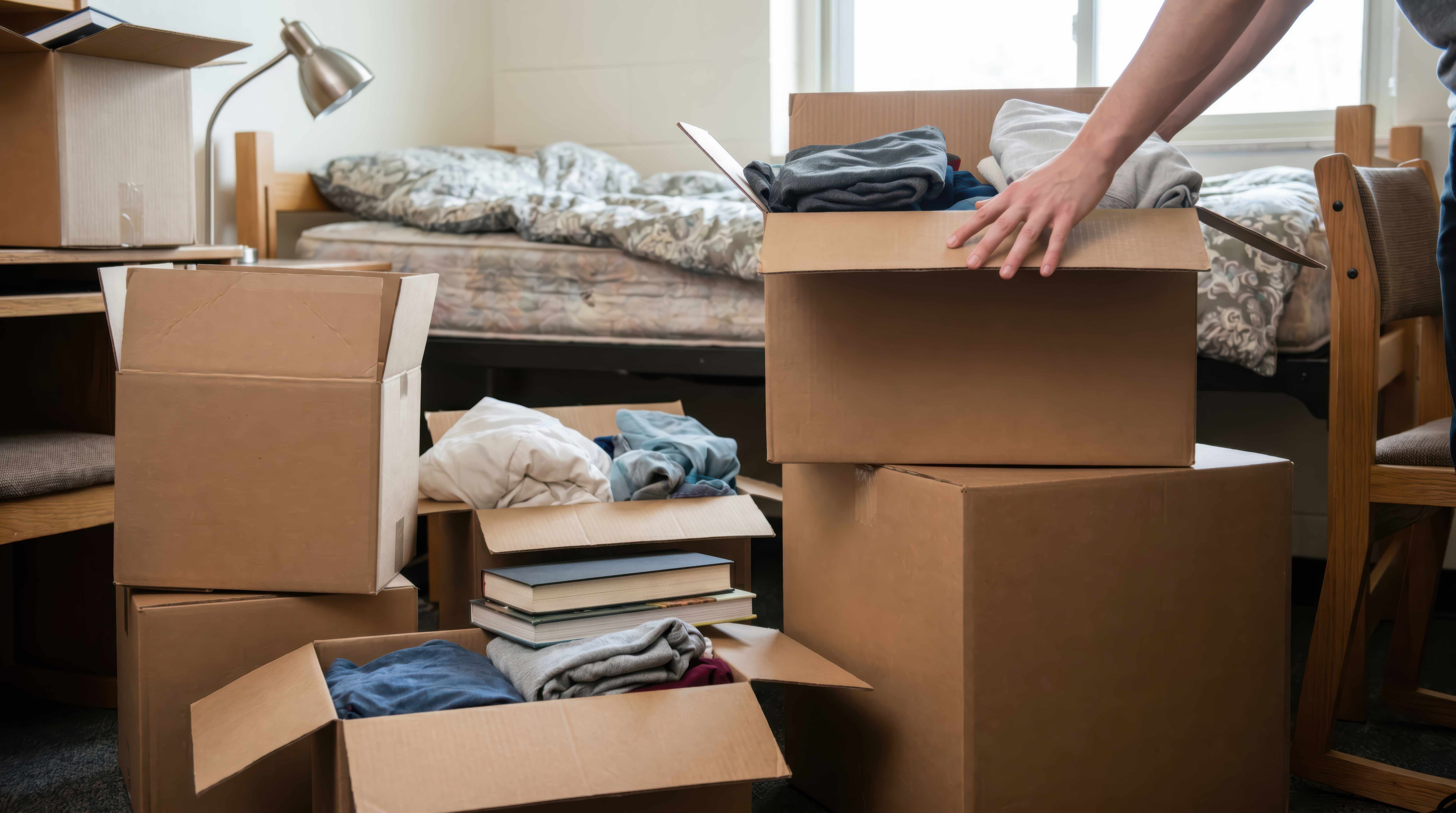 Student packt Kartons für Studentenumzug