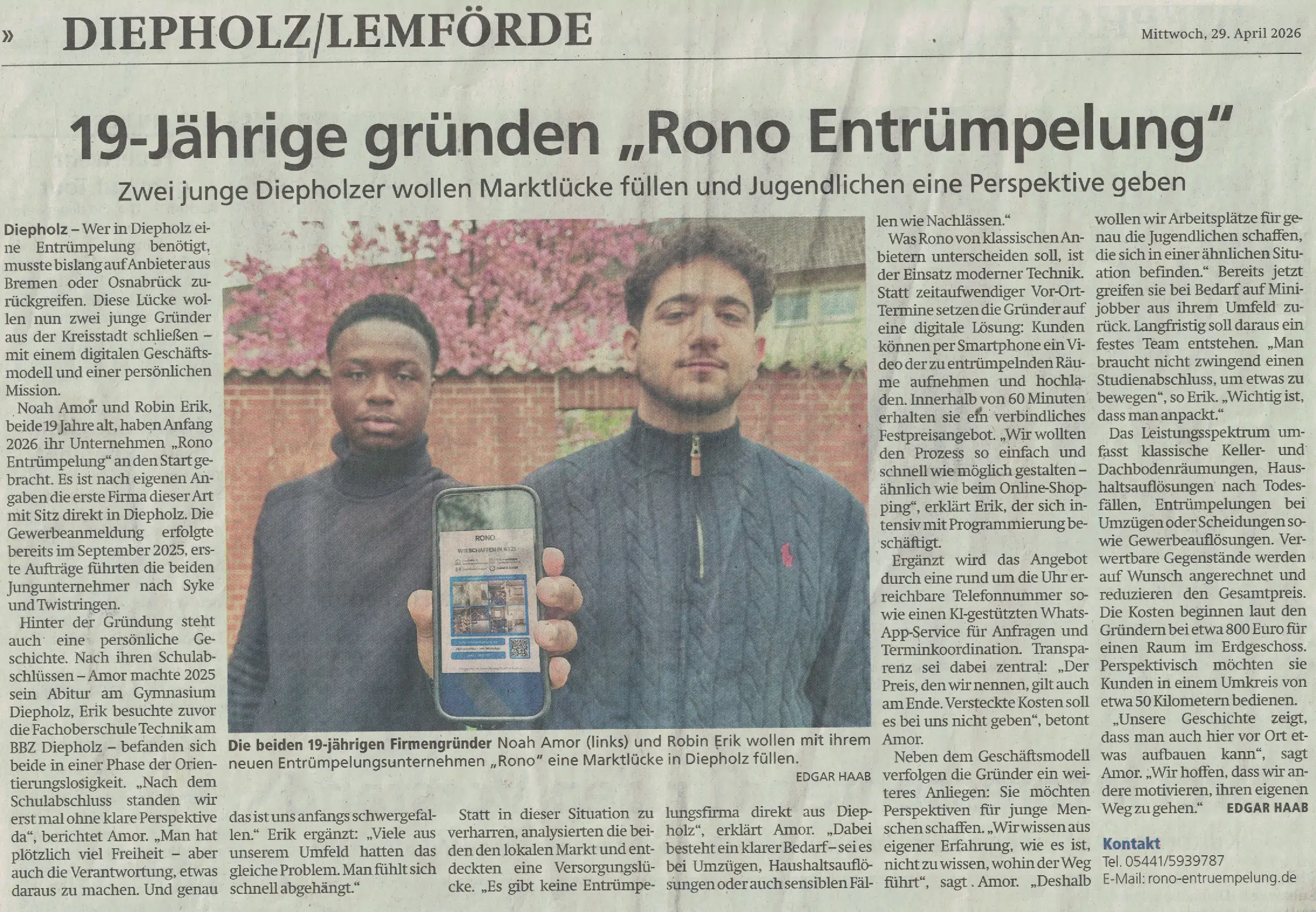 Kreiszeitung Artikel: 19-Jährige gründen Rono Entrümpelung