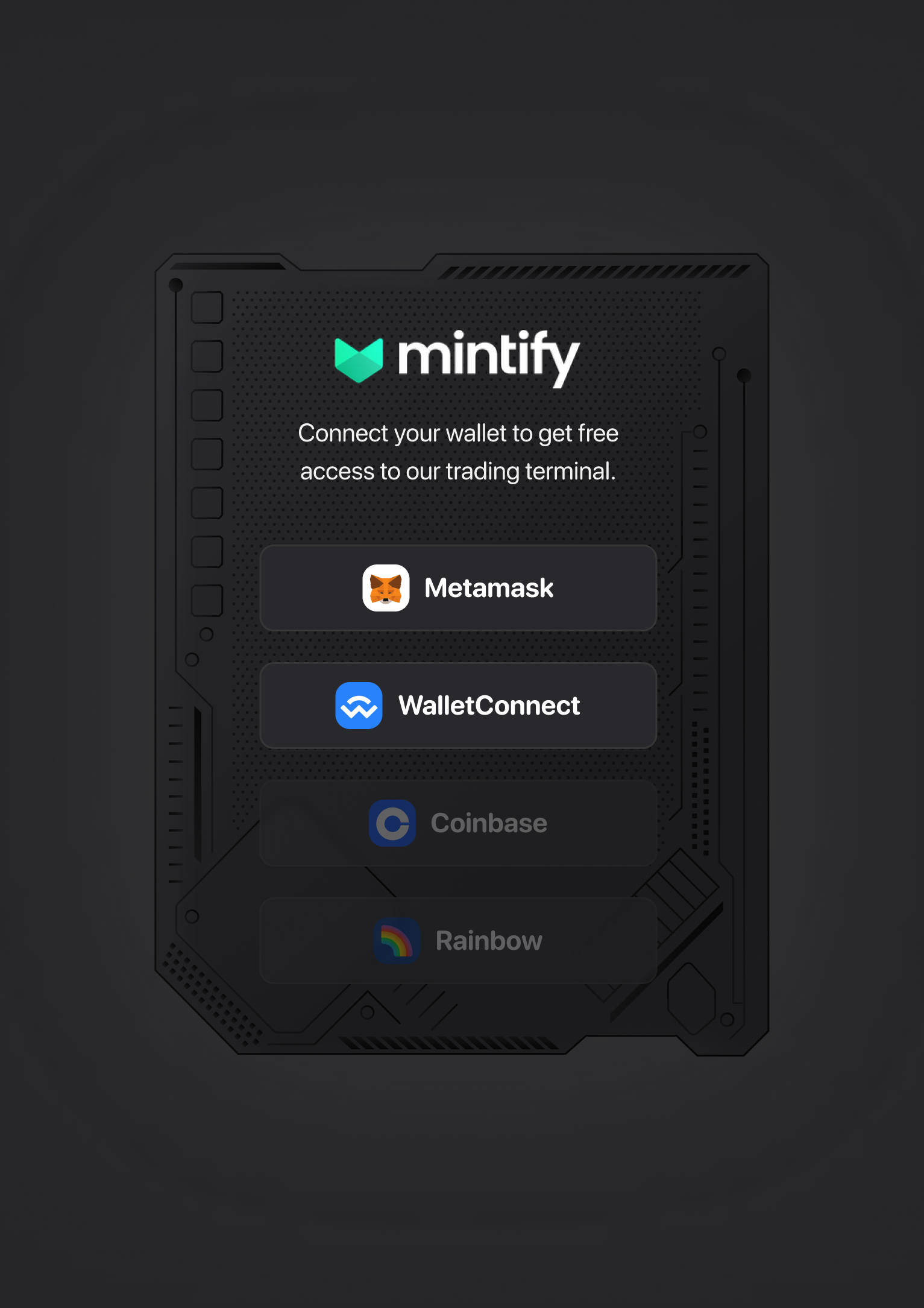 Mintify wallet connection modal with cyberpunk frame design