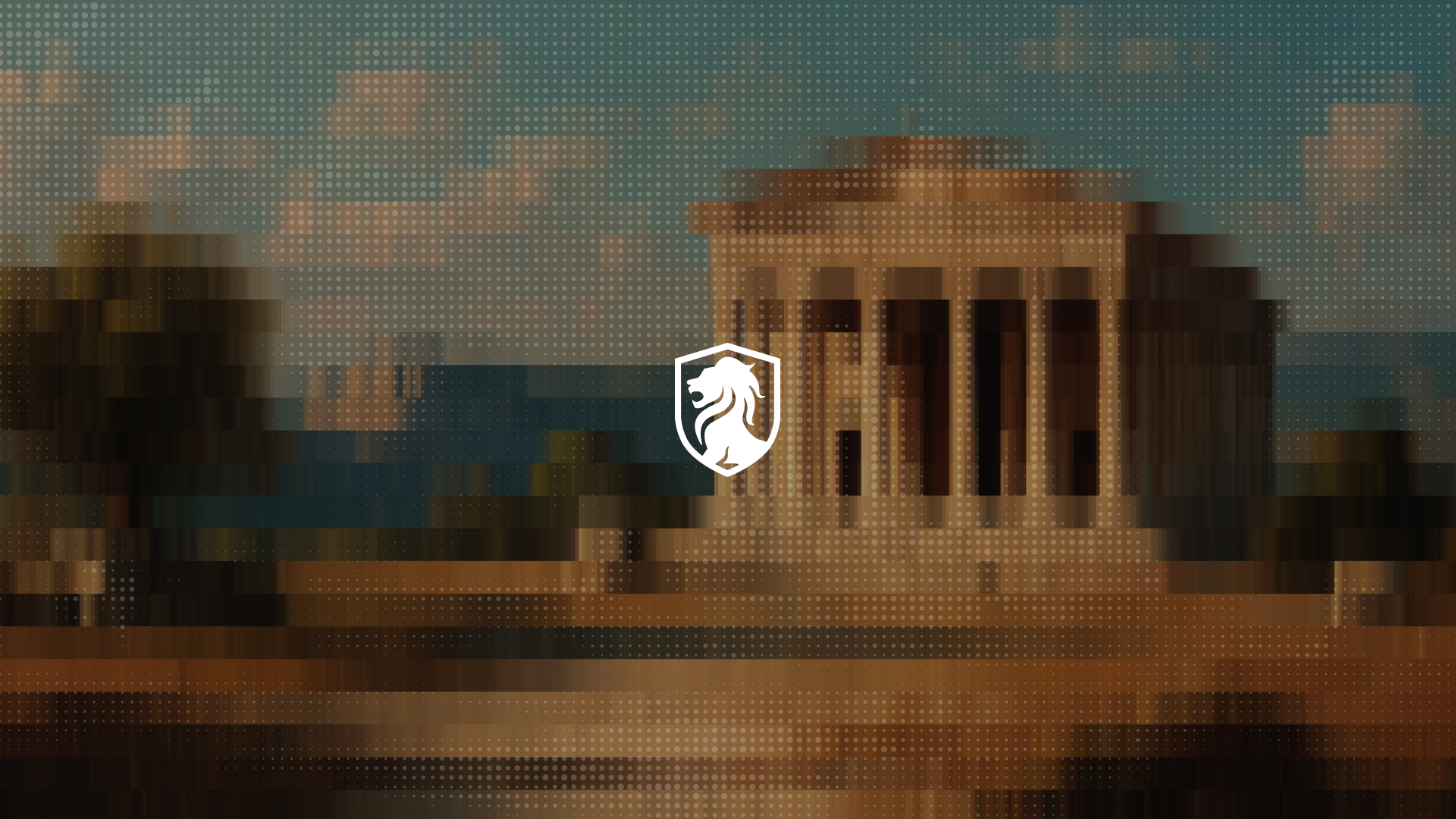 Temple lion shield logo on halftone classical architecture
