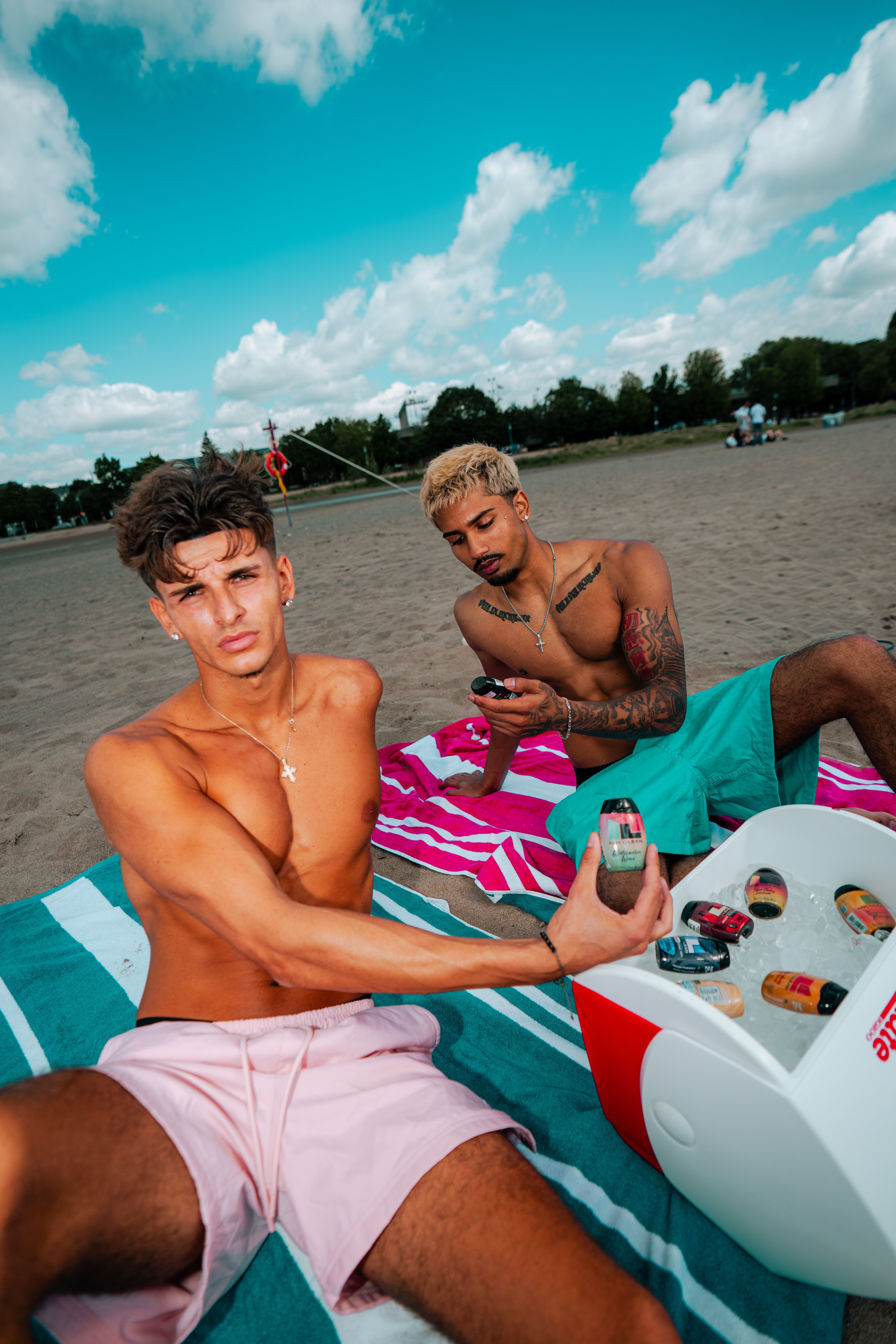 Beach lifestyle shoot with drink products