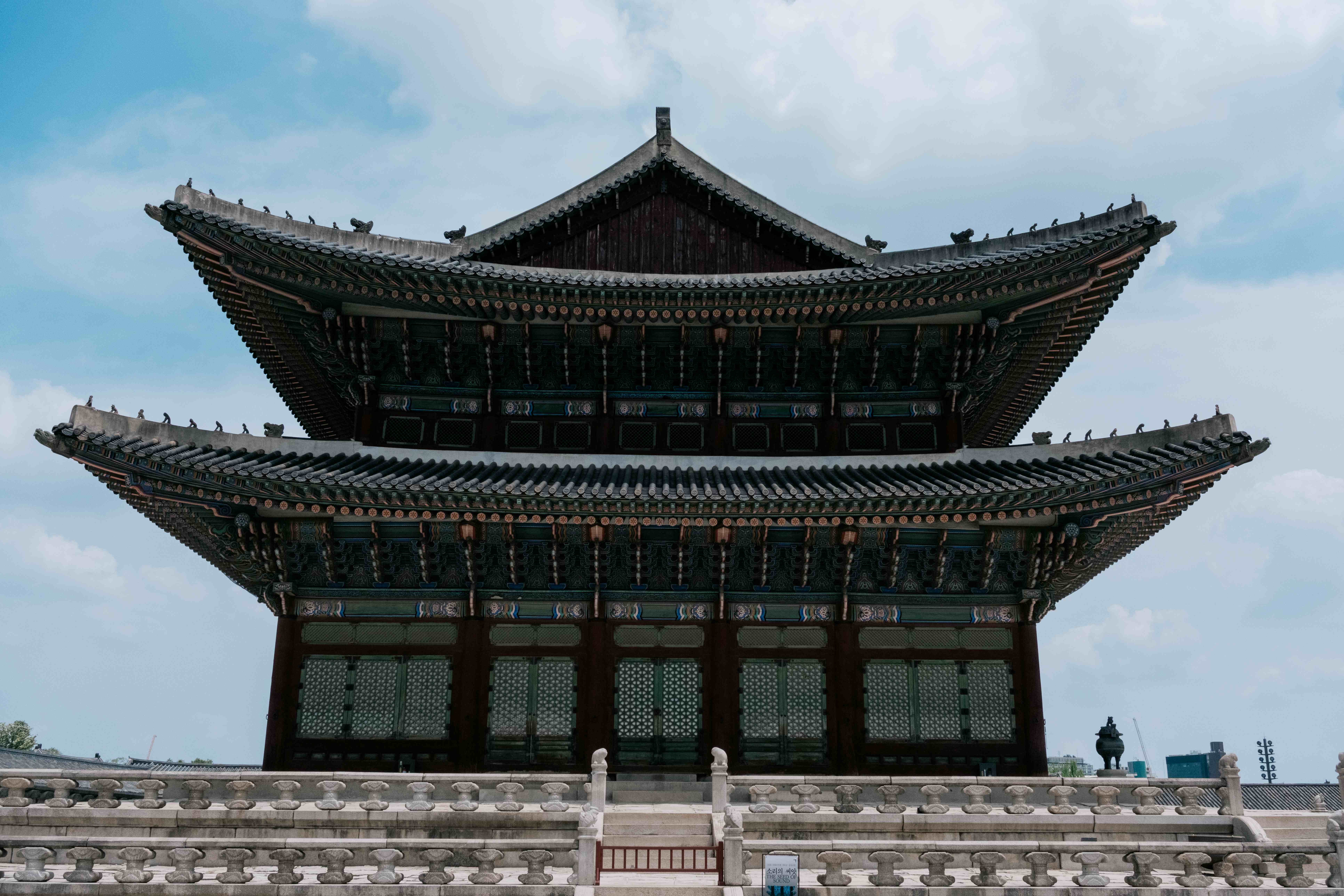 Gyeongbokgung Palace in Seoul against a blue sky