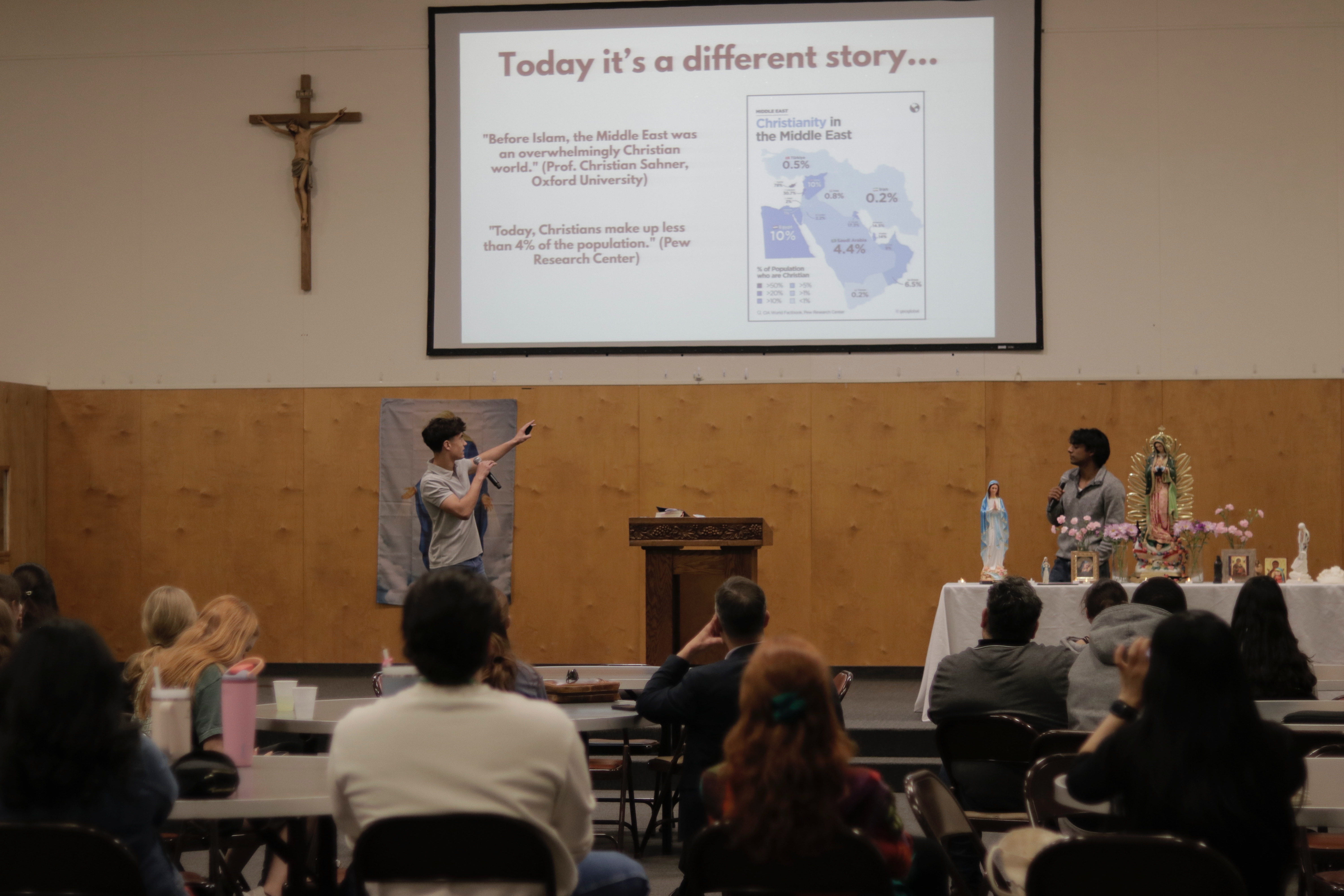 A founder presenting the story of Christianity's decline in the Middle East to an attentive audience
