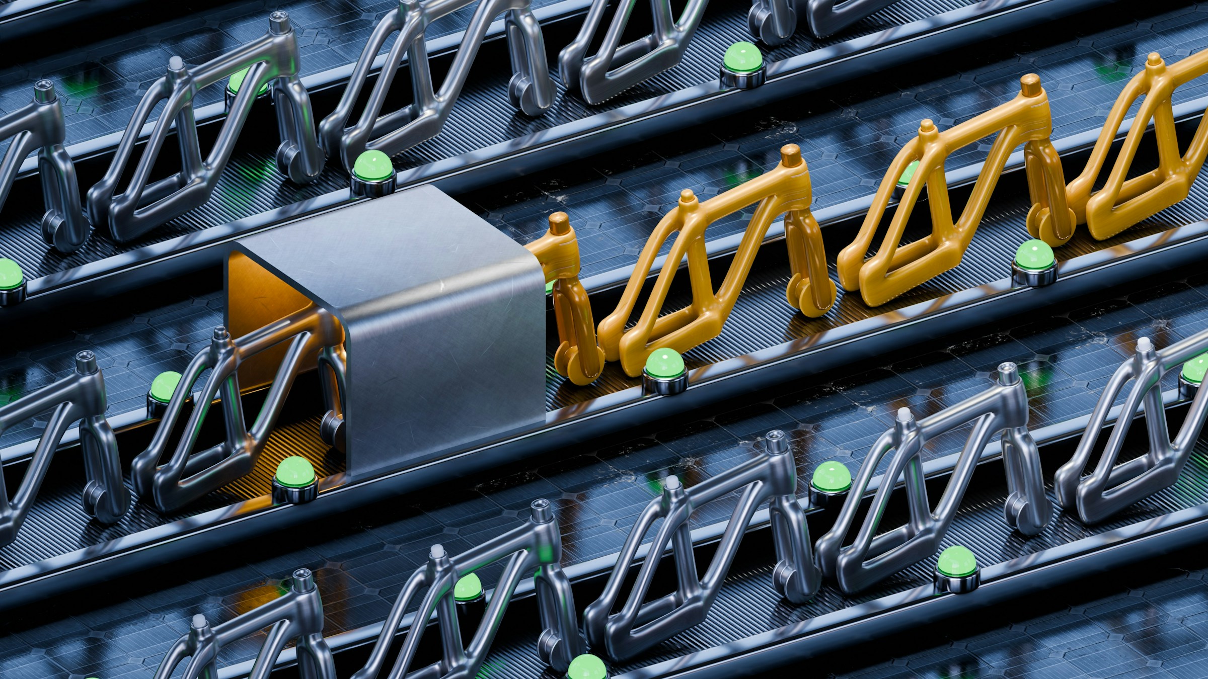 Automated conveyor system with metallic robotic arms and green indicator lights