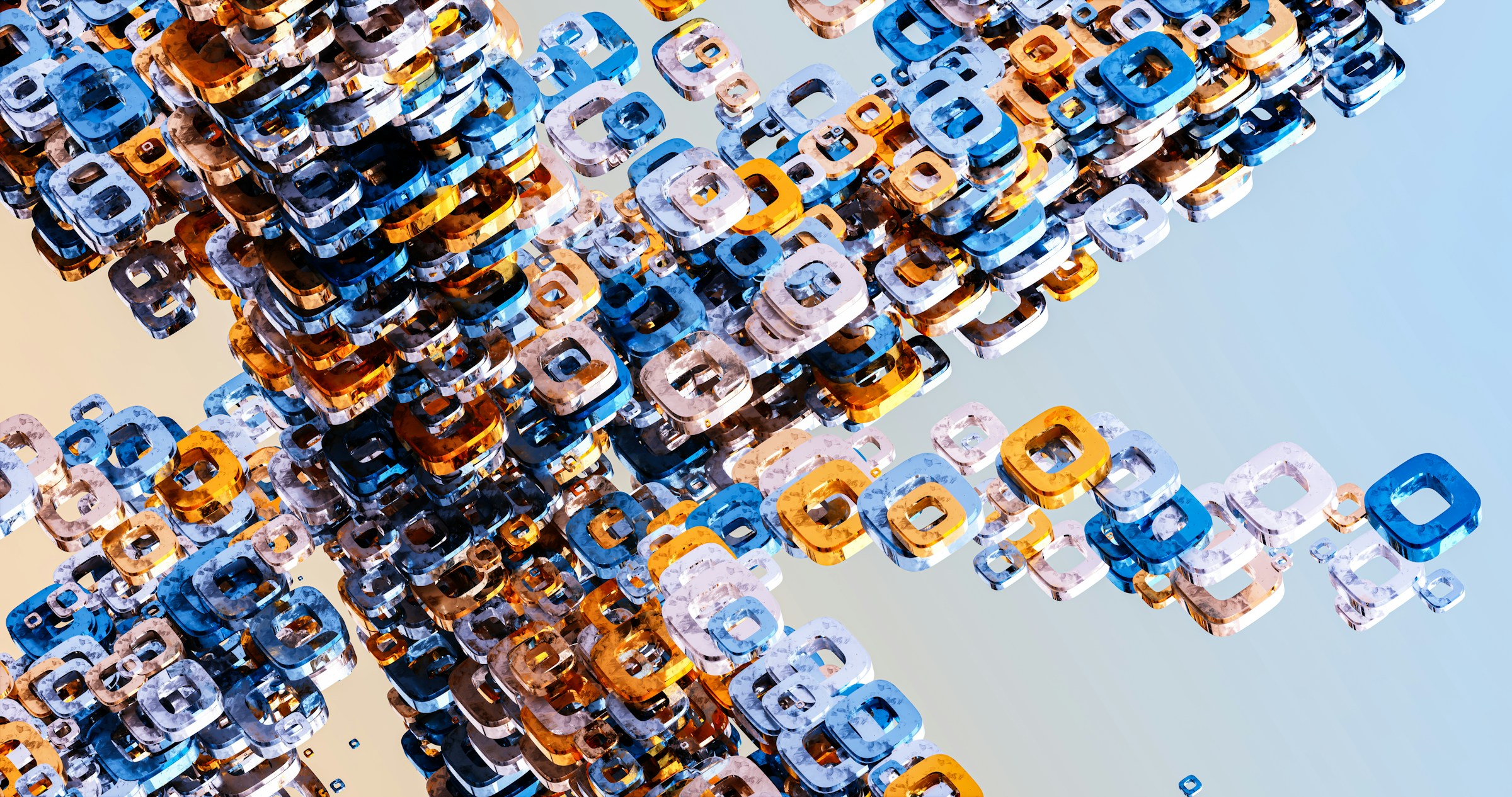 Abstract 3D render of blue and gold interlocking chain blocks