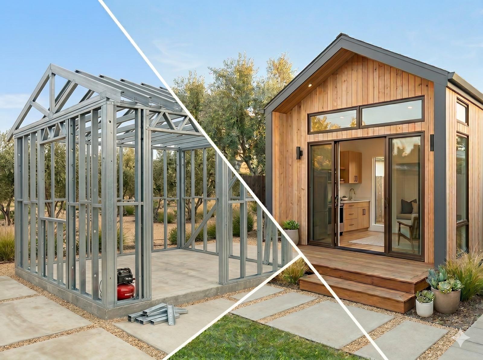 Light Gauge Steel frame construction and finished cedar-clad ADU