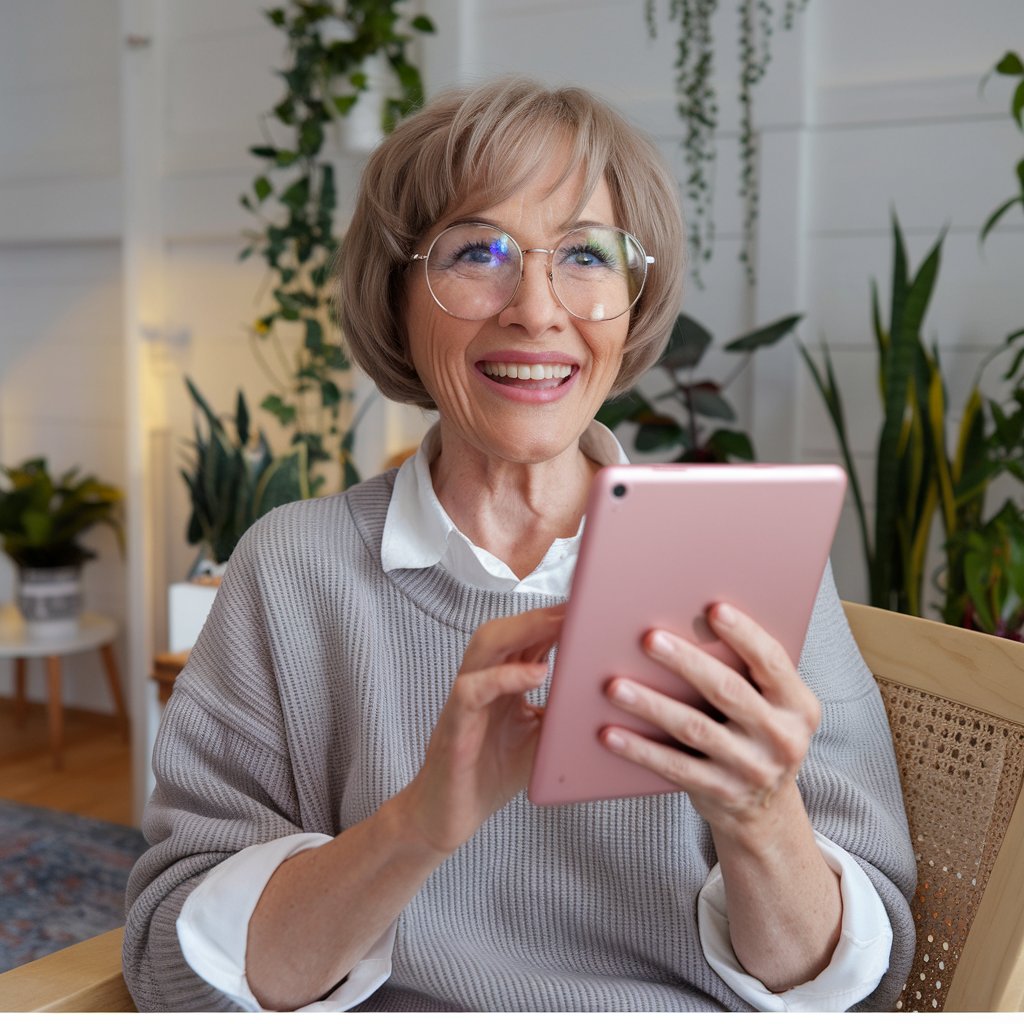 Senior woman smiling while using iPad