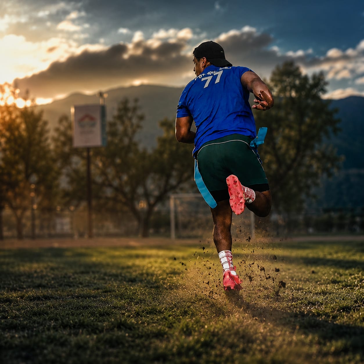 Jugador de Flag Football corriendo al atardecer