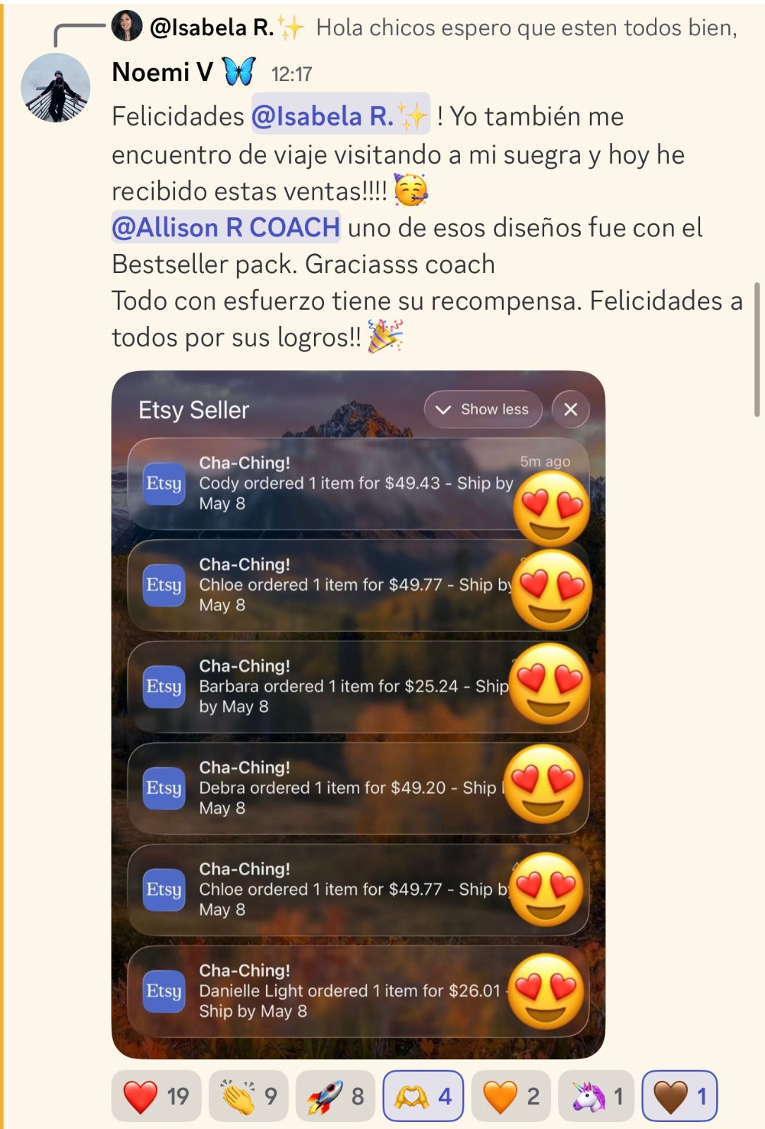 Testimonio de Noemi V mostrando ventas en Etsy