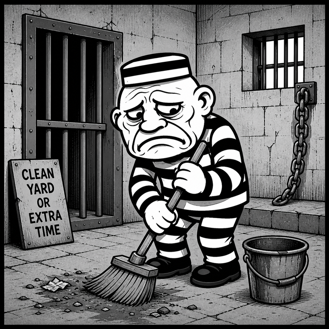 Jailed troll sweeping the yard — clean yard or extra time