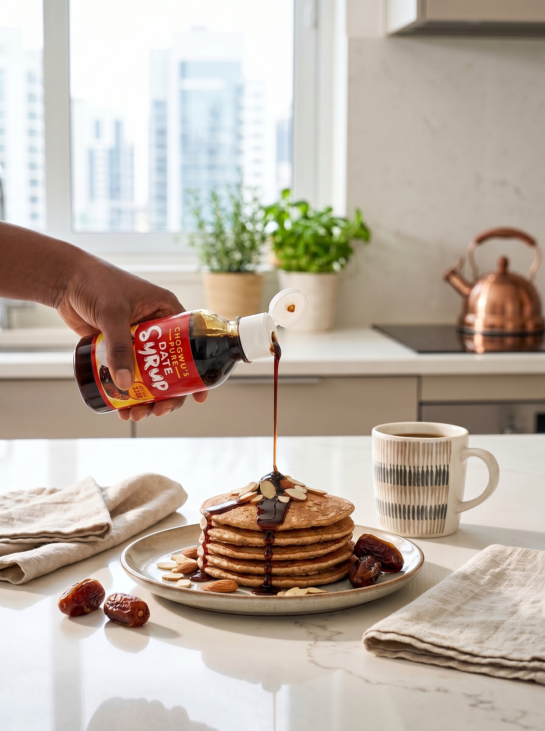 Date syrup being poured on pancakes