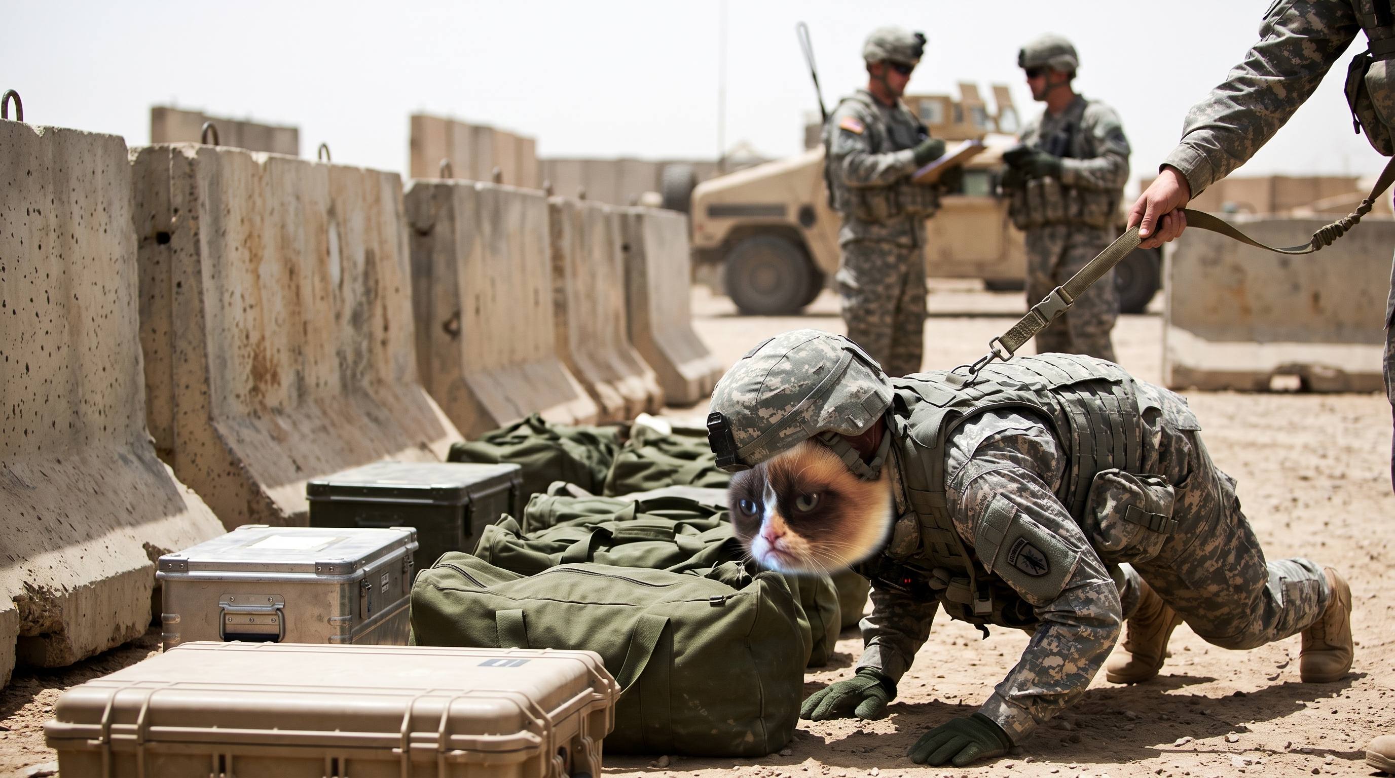 Military working cat crawling in desert combat gear