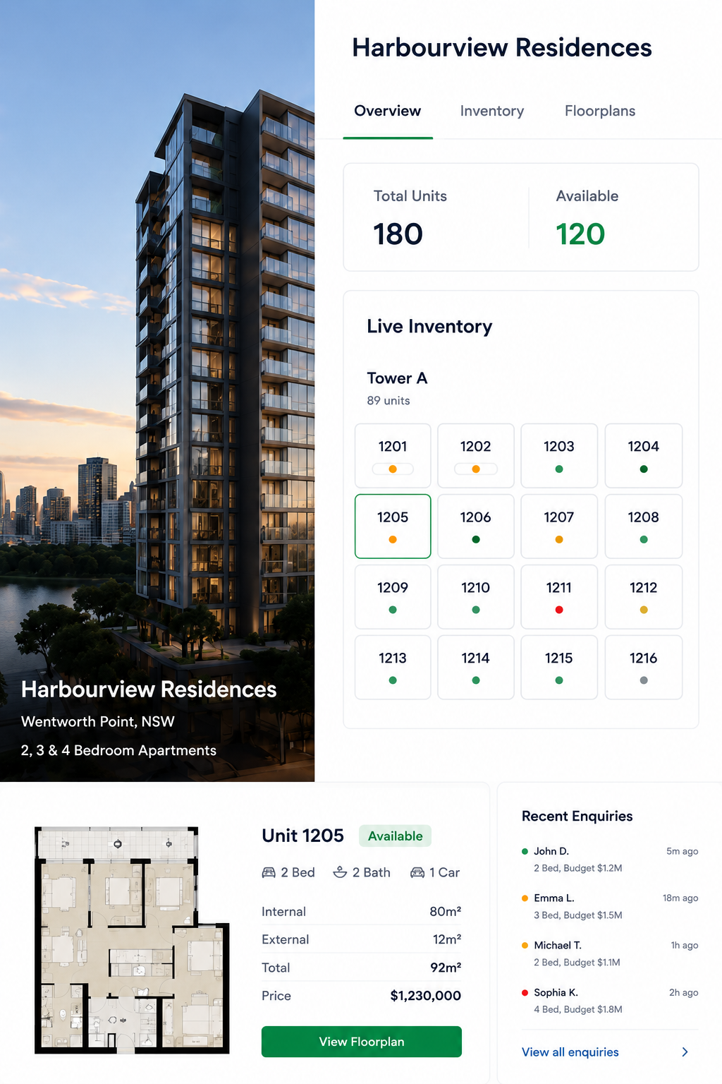 Harbourview Residences apartment project sales platform showing live inventory grid and enquiries