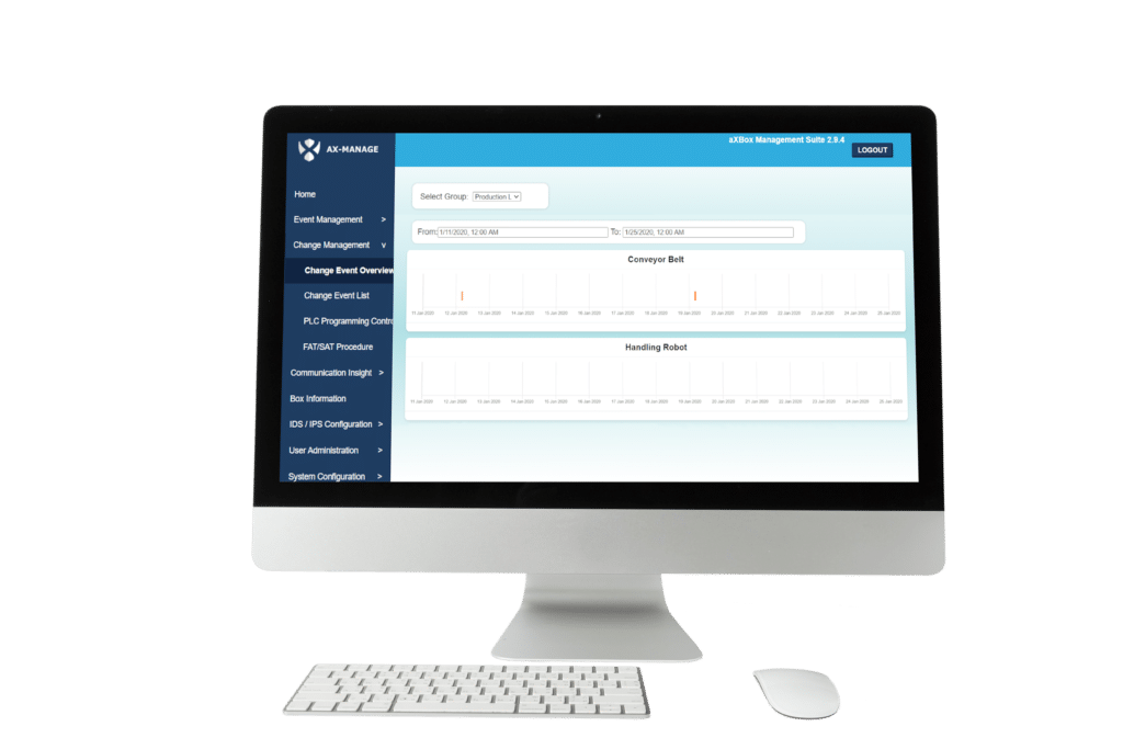 AX-Manage event timeline screen showing conveyor belt and handling robot events