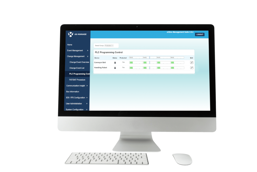AX-Manage PLC Programming Control screen shown on a desktop monitor