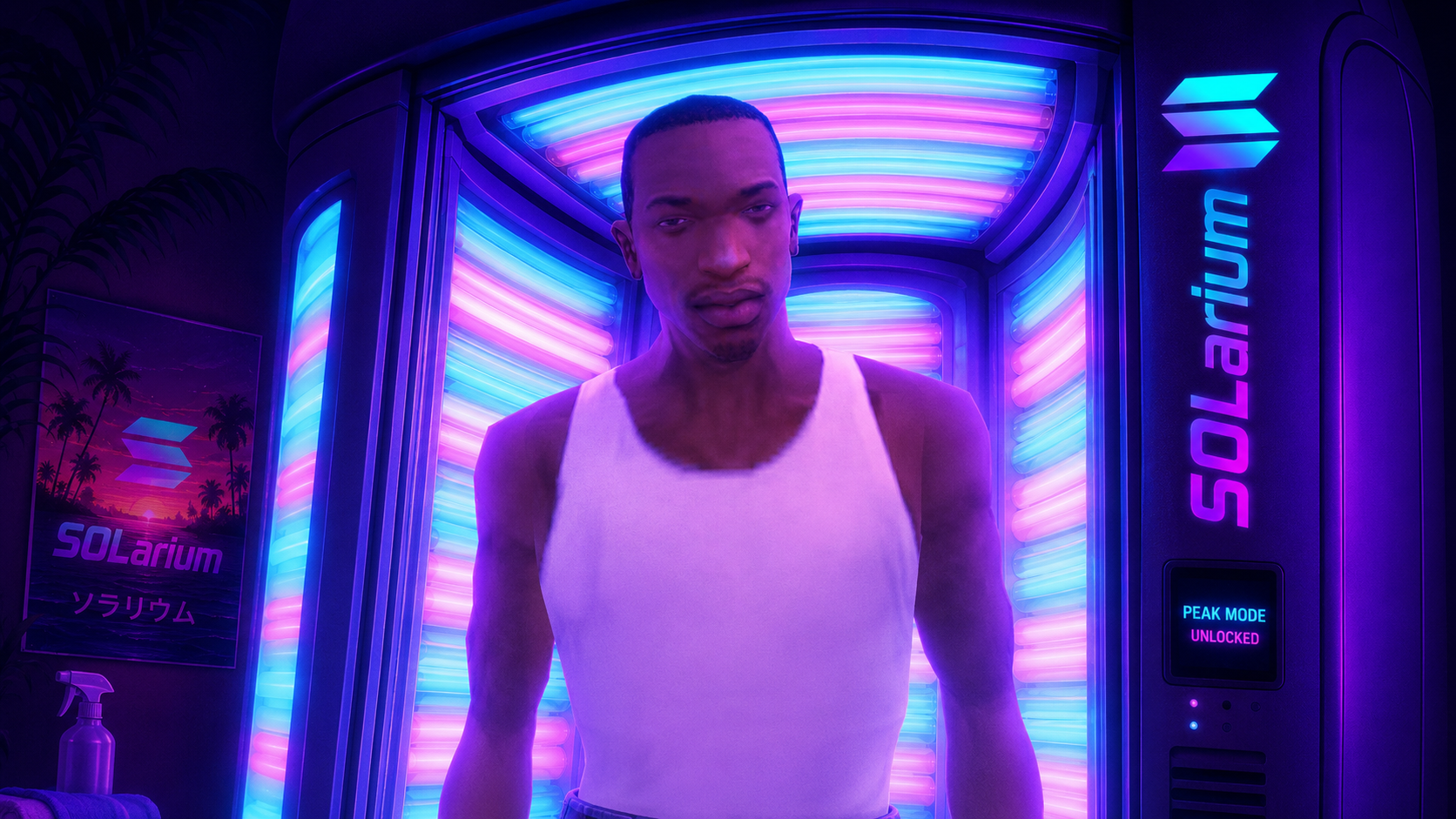 Man standing in neon SOLarium tanning booth