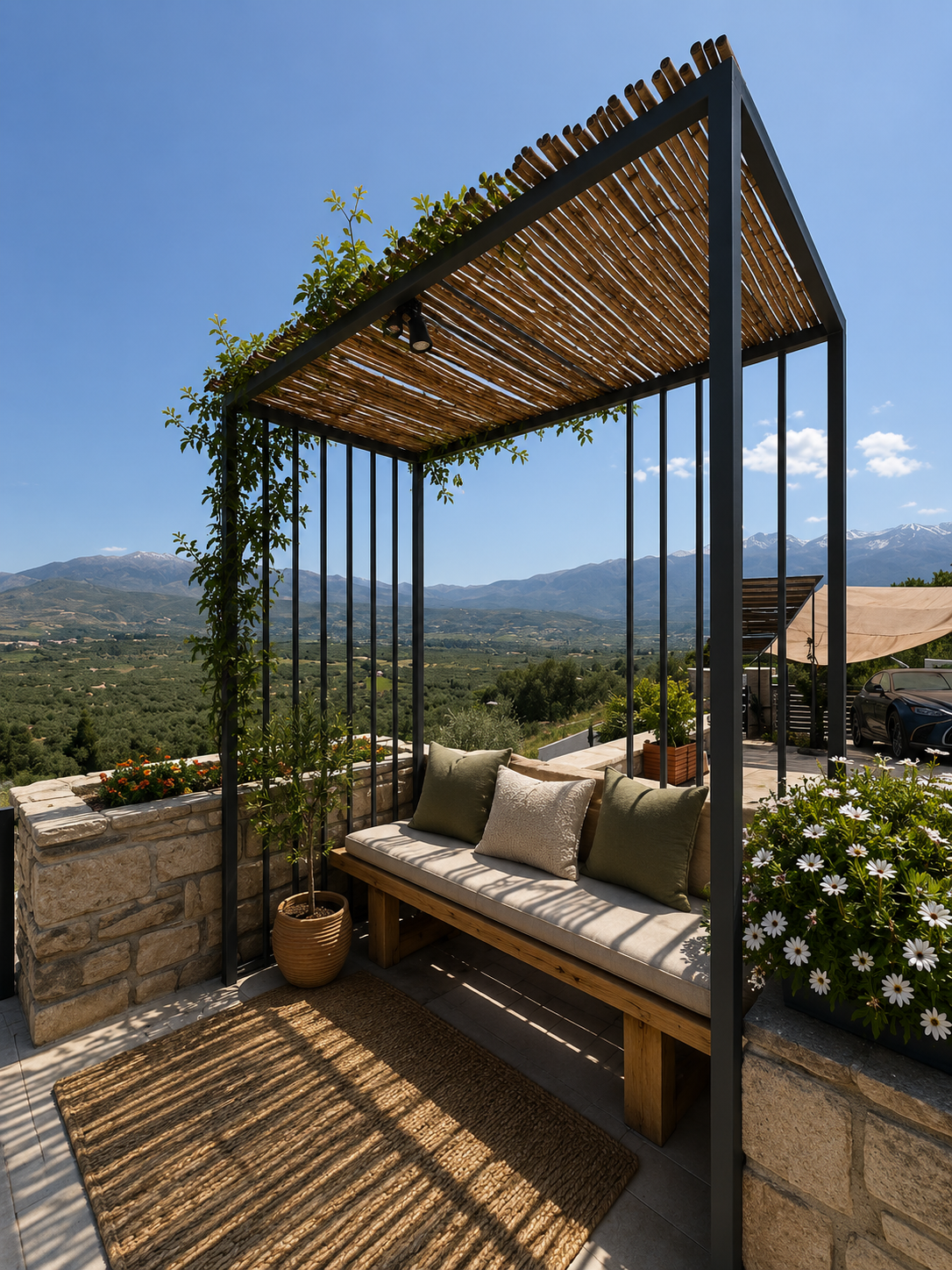 Cozy pergola seating area on a terrace with panoramic view of Cretan olive groves and mountains