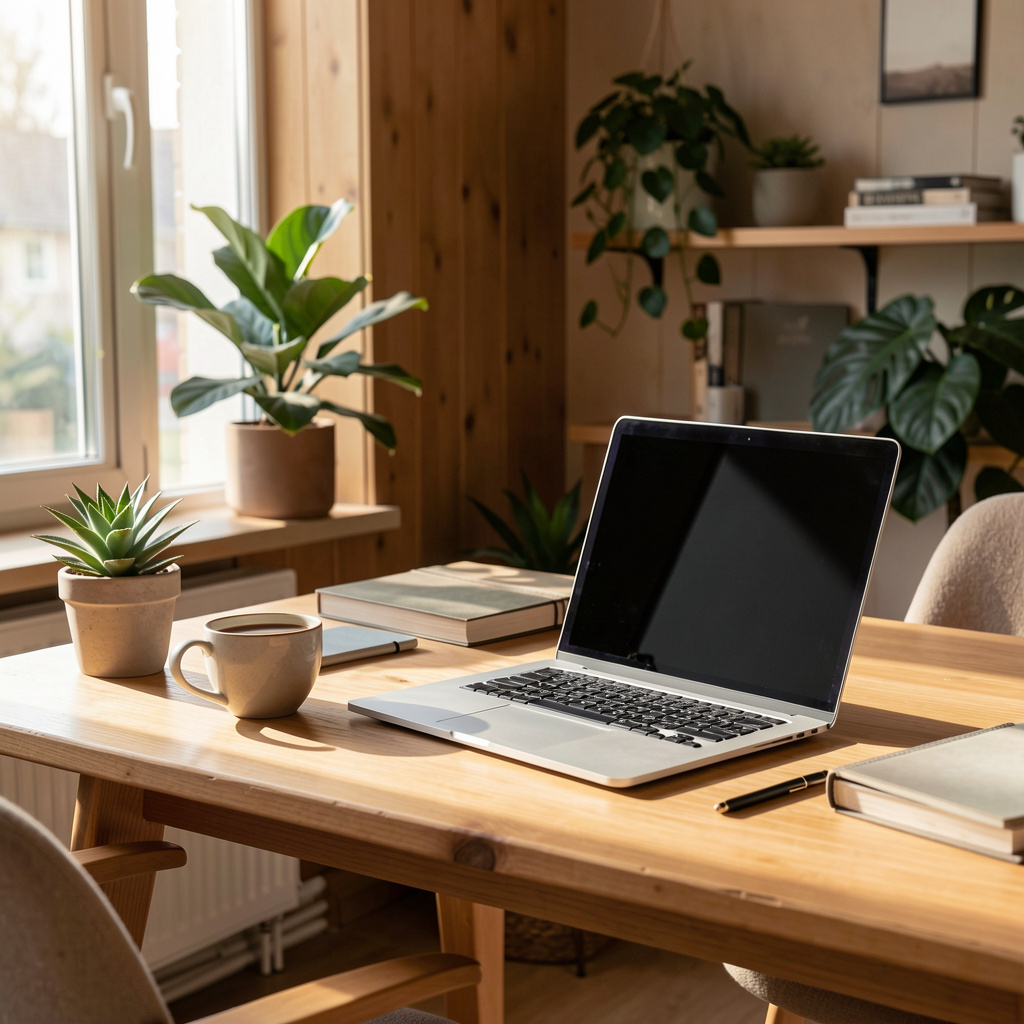 Espace de travail avec ordinateur portable pres de la fenetre
