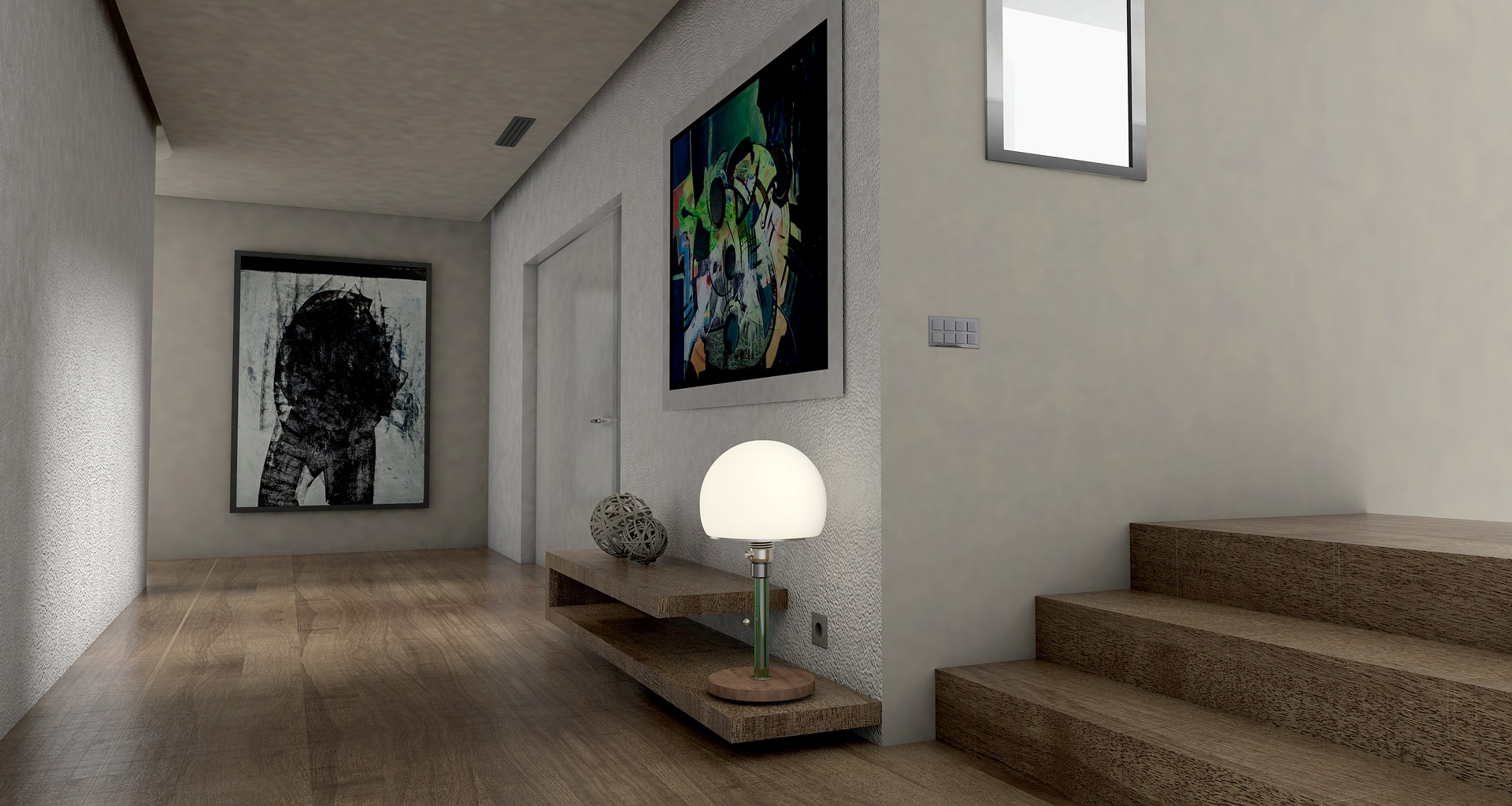 Minimalist interior hallway with wood floors, abstract art, and wooden stairs