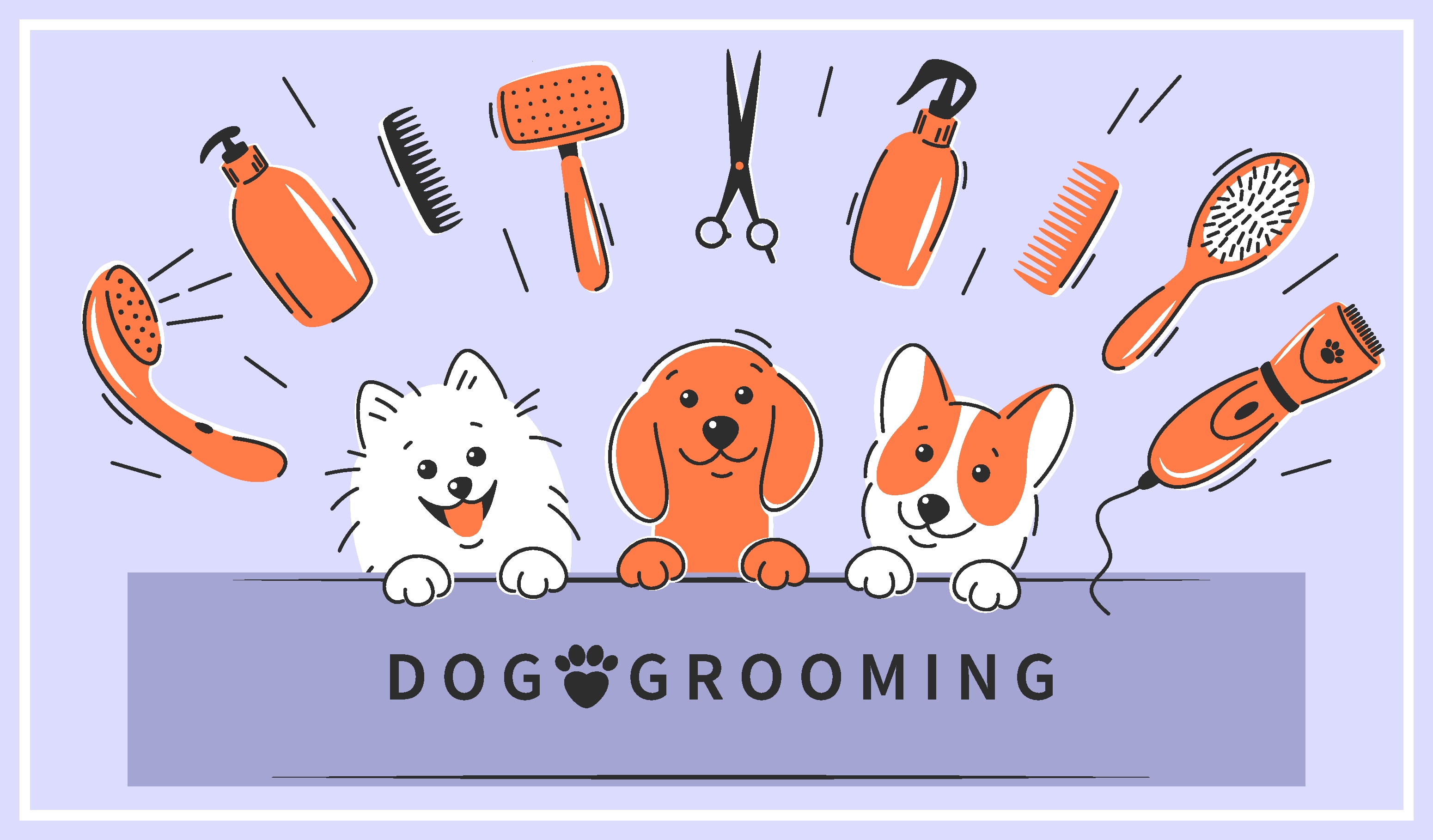 Dog grooming tools and cute cartoon dogs illustration