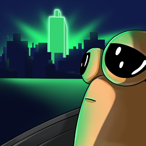 Pou looking at cityscape
