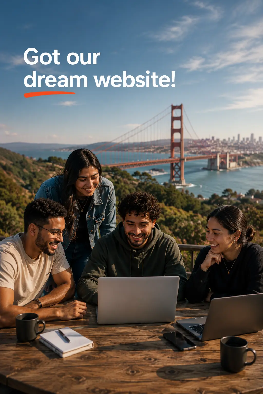 Infodots Digital team working together with Golden Gate Bridge in background
