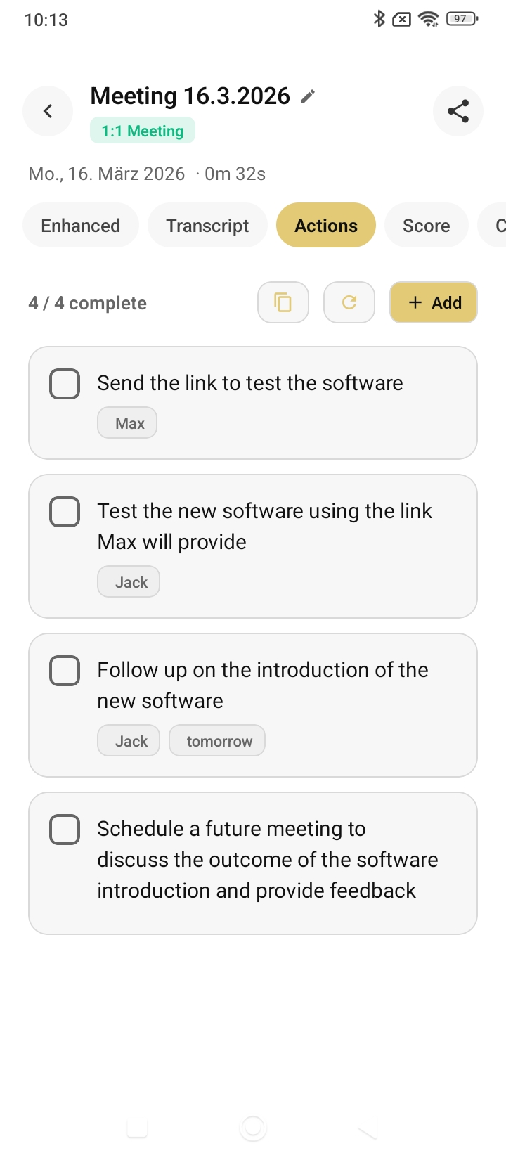 Cerbite Actions screen displaying 4 AI-extracted tasks with checkboxes including Send the link to test the software assigned to Max and Follow up on the introduction assigned to Jack with tomorrow due date