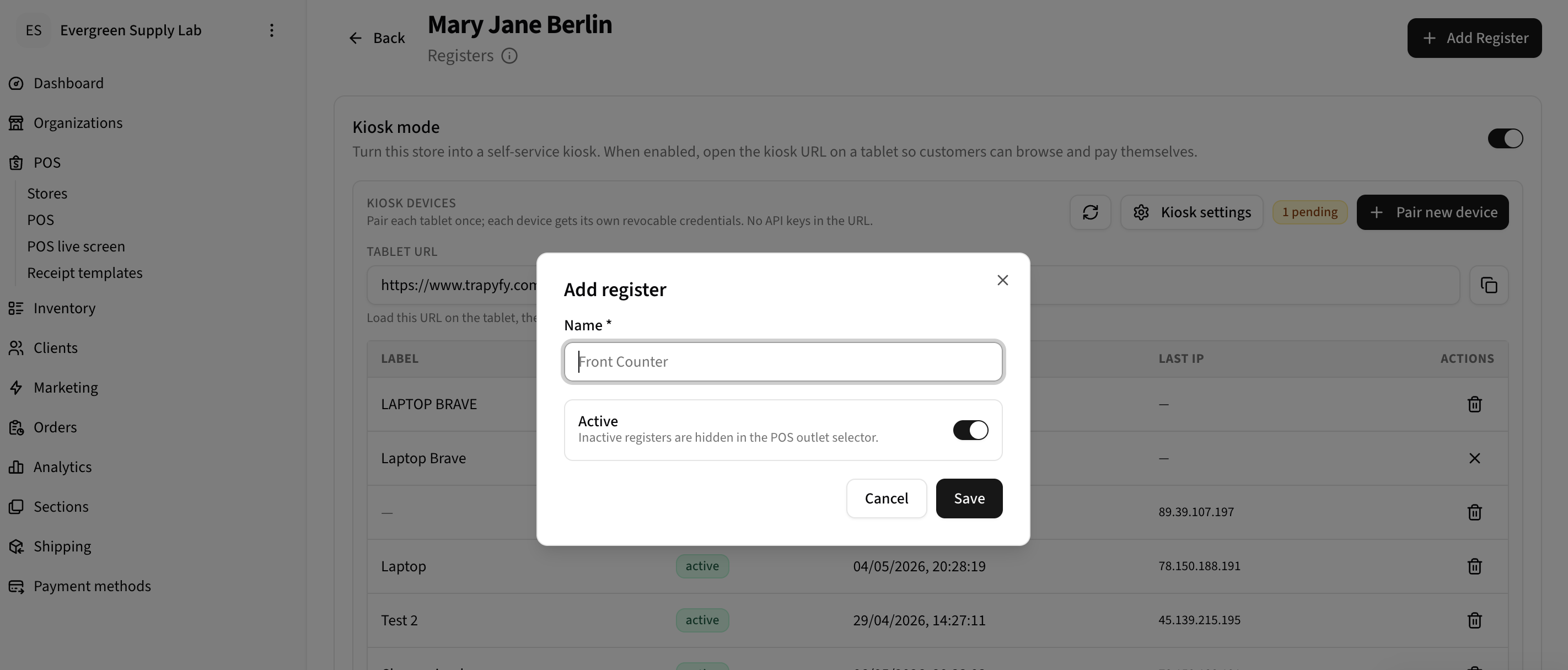 Add register modal with Name field showing Front Counter and Active toggle enabled