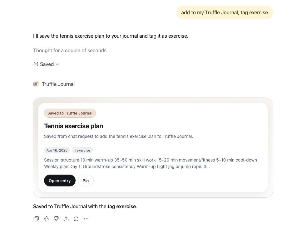 ChatGPT conversation showing a saved Truffle Journal entry card for a tennis exercise plan