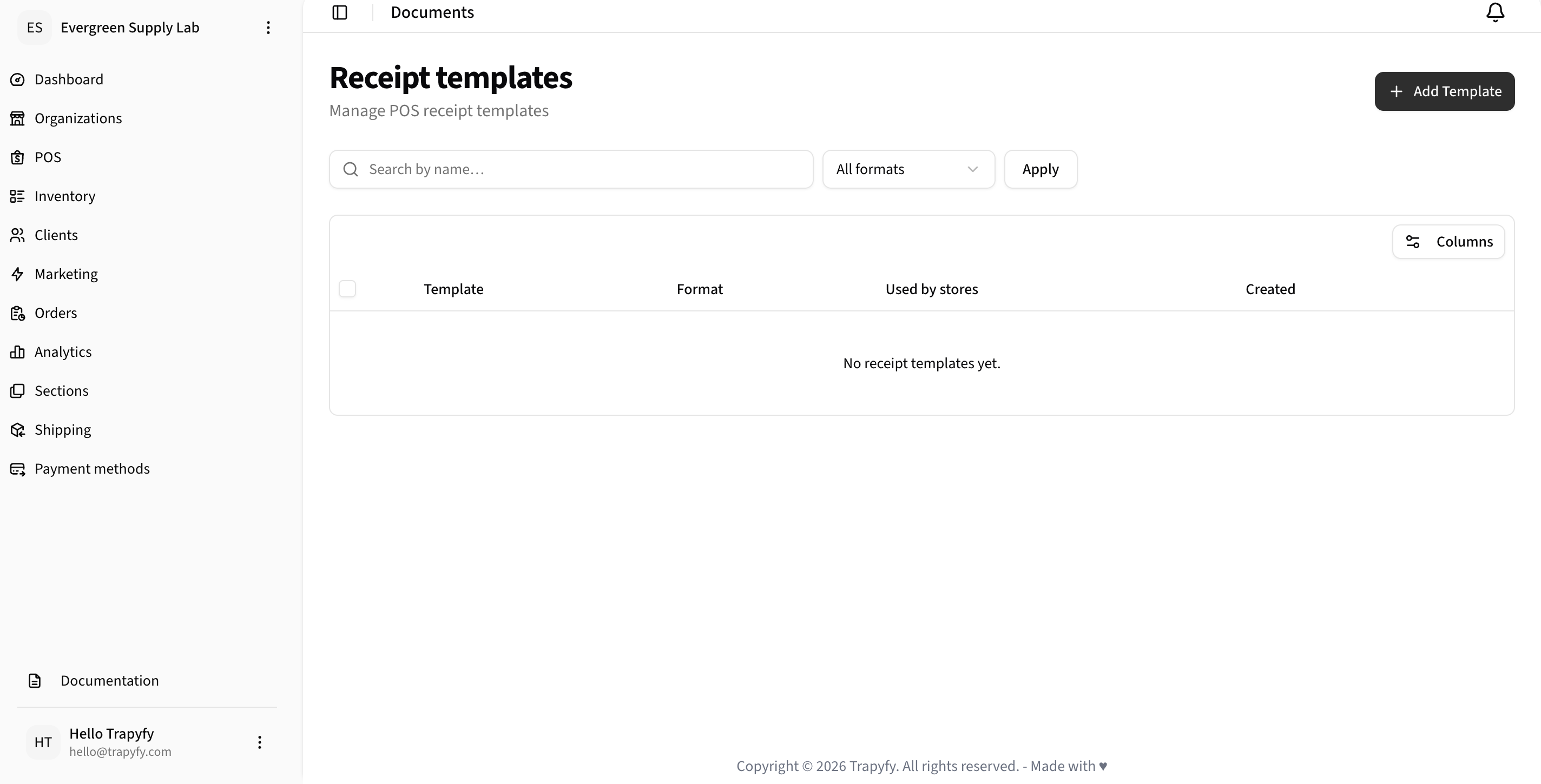 Receipt templates page showing empty state with Add Template button
