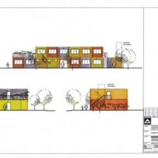 Architekturfassade: Vorder- und Seitenansicht des bunten Containergebäudes
